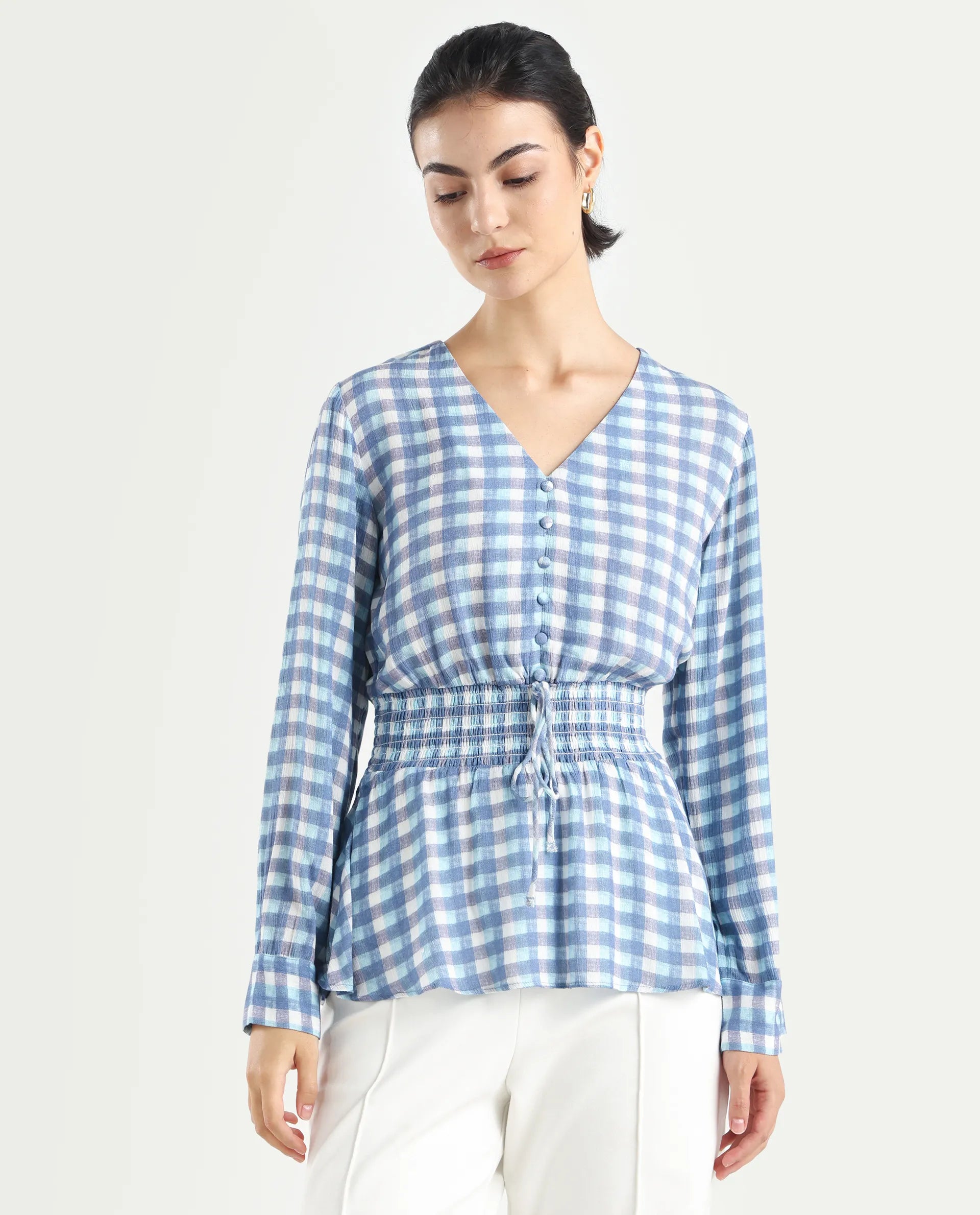 Rareism Women's Vibooy Blue Rayon V-Neck Flannel Print Cuffed Sleeve Regular Fit Top