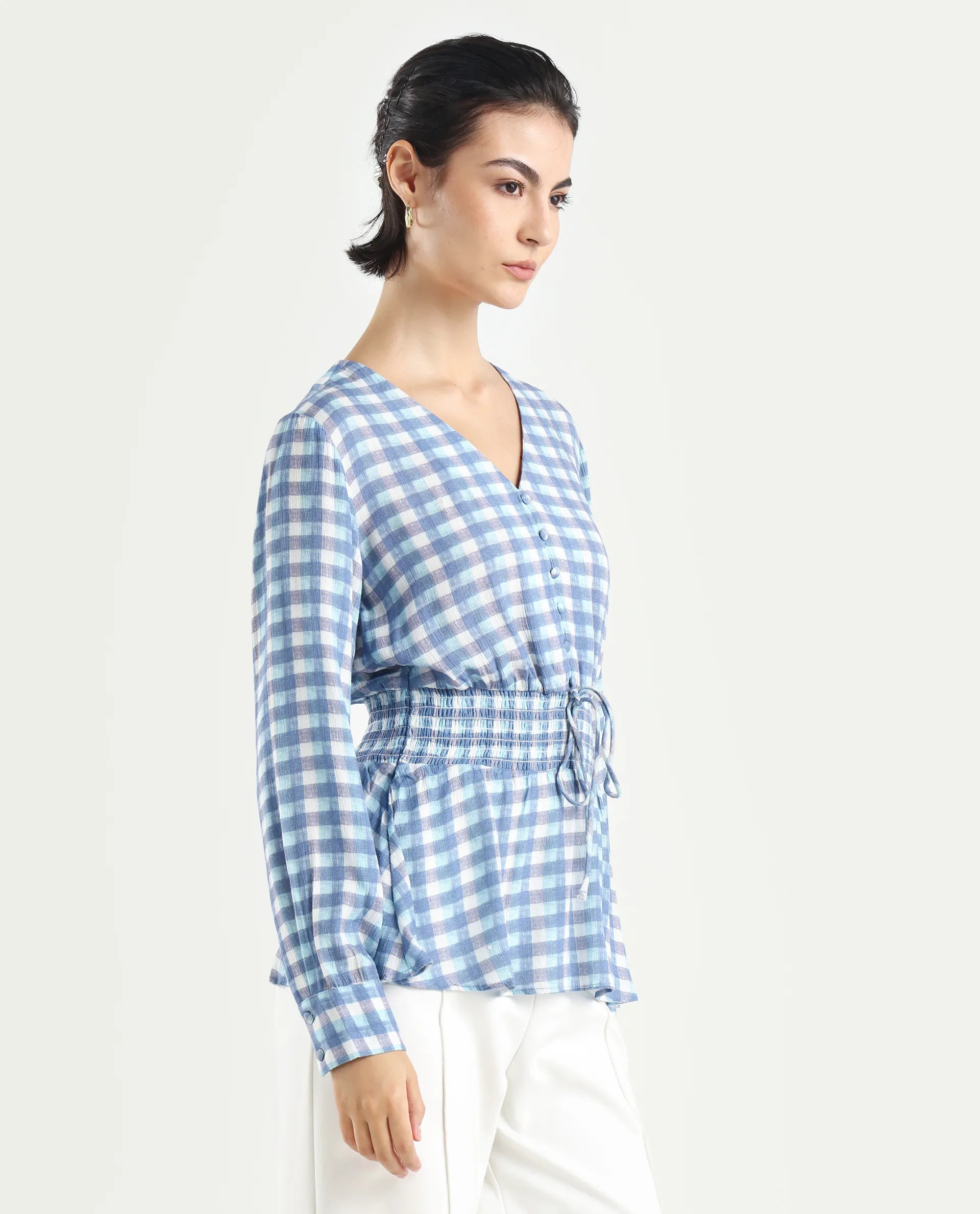 Rareism Women's Vibooy Blue Rayon V-Neck Flannel Print Cuffed Sleeve Regular Fit Top