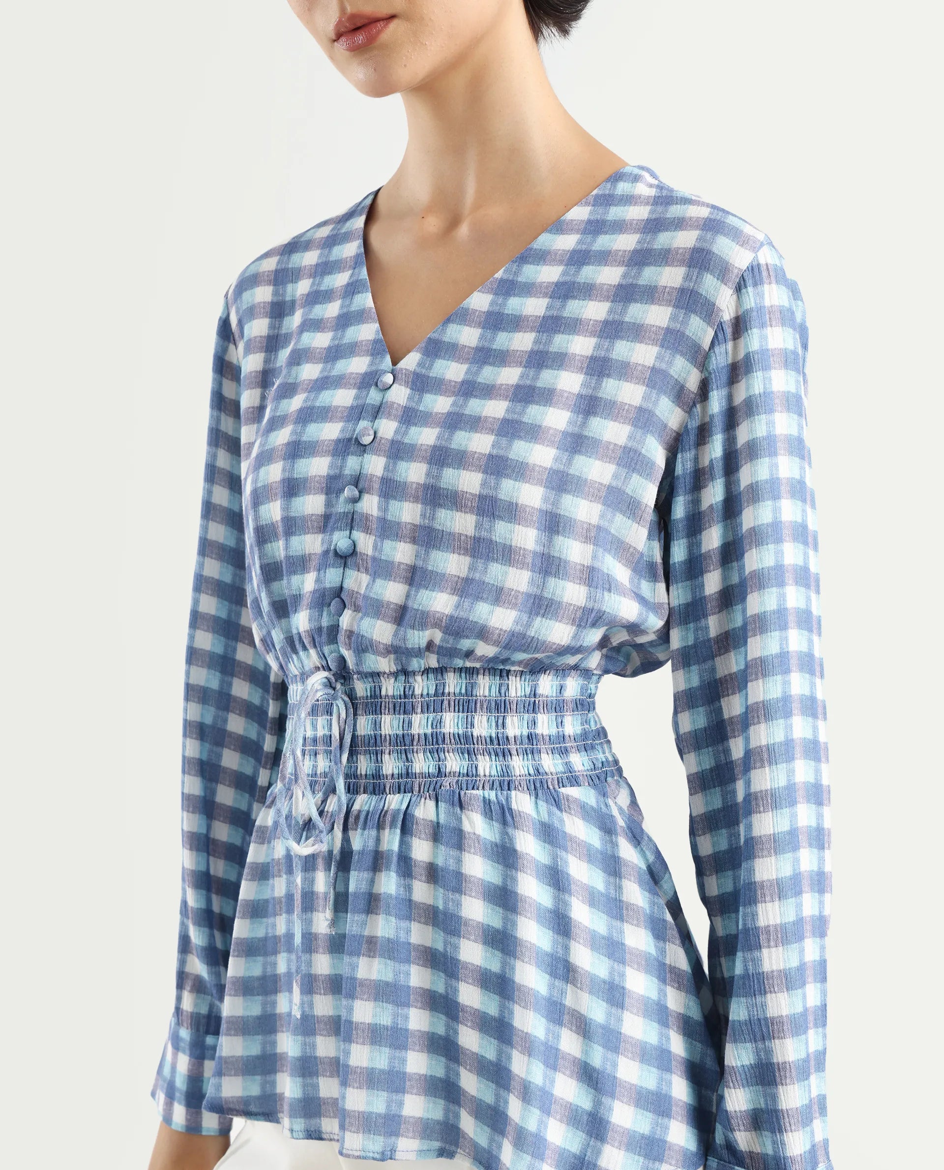 Rareism Women's Vibooy Blue Rayon V-Neck Flannel Print Cuffed Sleeve Regular Fit Top