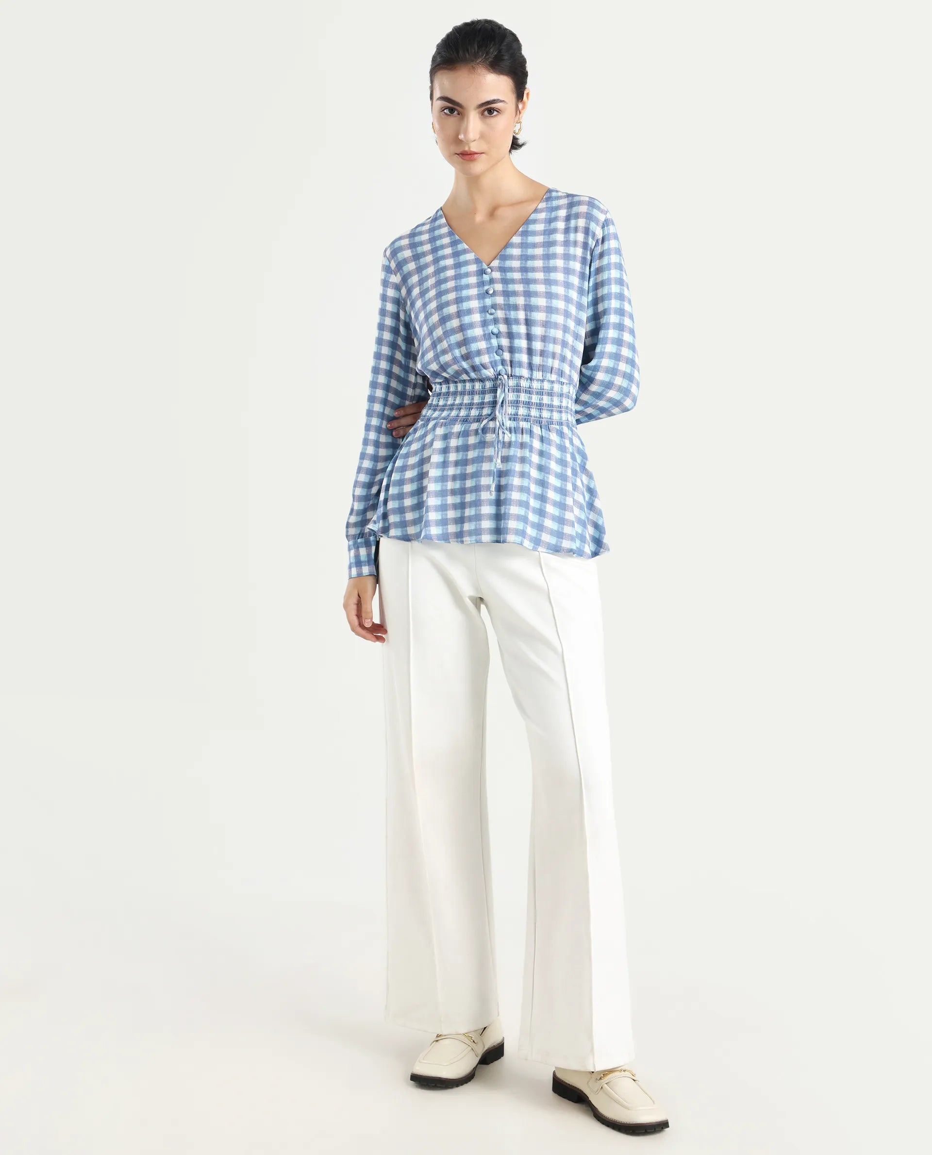 Rareism Women's Vibooy Blue Rayon V-Neck Flannel Print Cuffed Sleeve Regular Fit Top