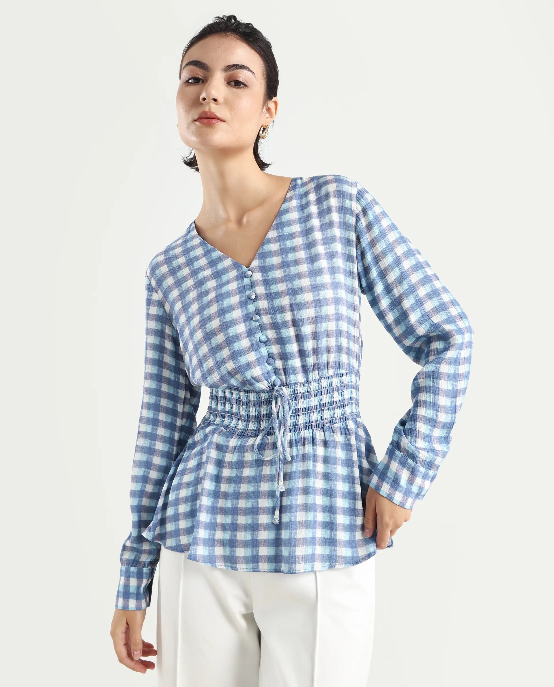 Rareism Women's Vibooy Blue Rayon V-Neck Flannel Print Cuffed Sleeve Regular Fit Top
