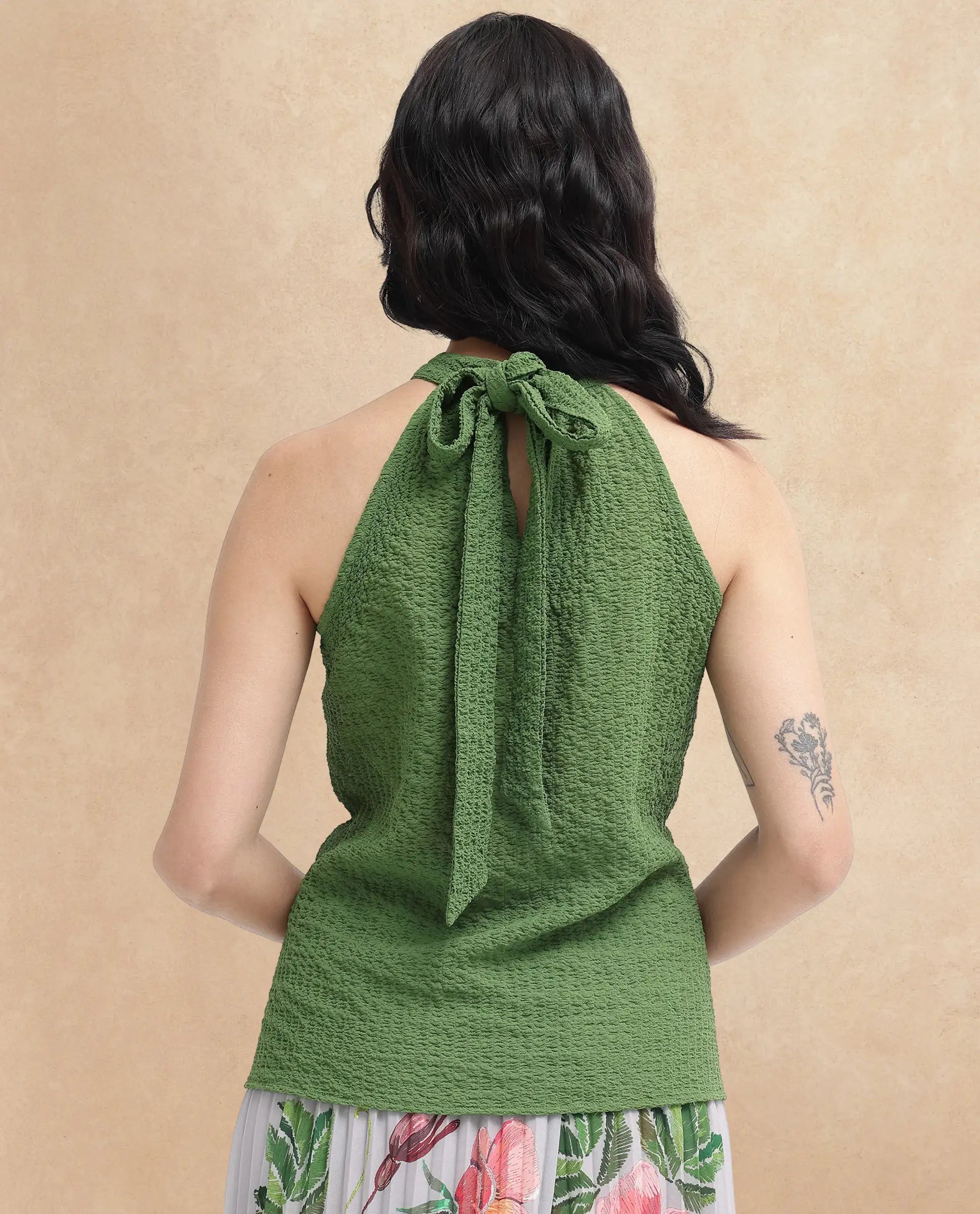 Rareism Women's Vicenza Dark Green Polyester Halter Neck Plain Sleeveless Regular Fit Top