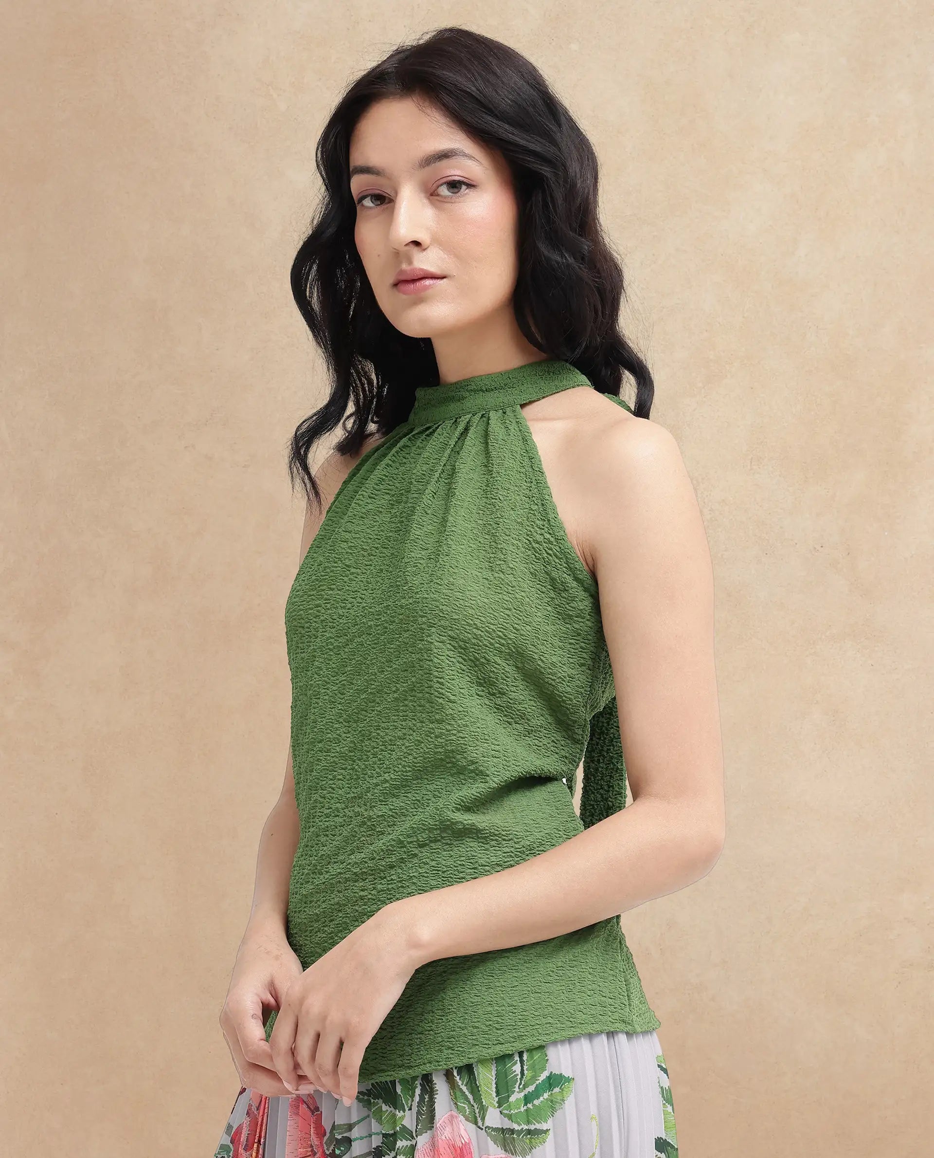 Rareism Women's Vicenza Dark Green Polyester Halter Neck Plain Sleeveless Regular Fit Top