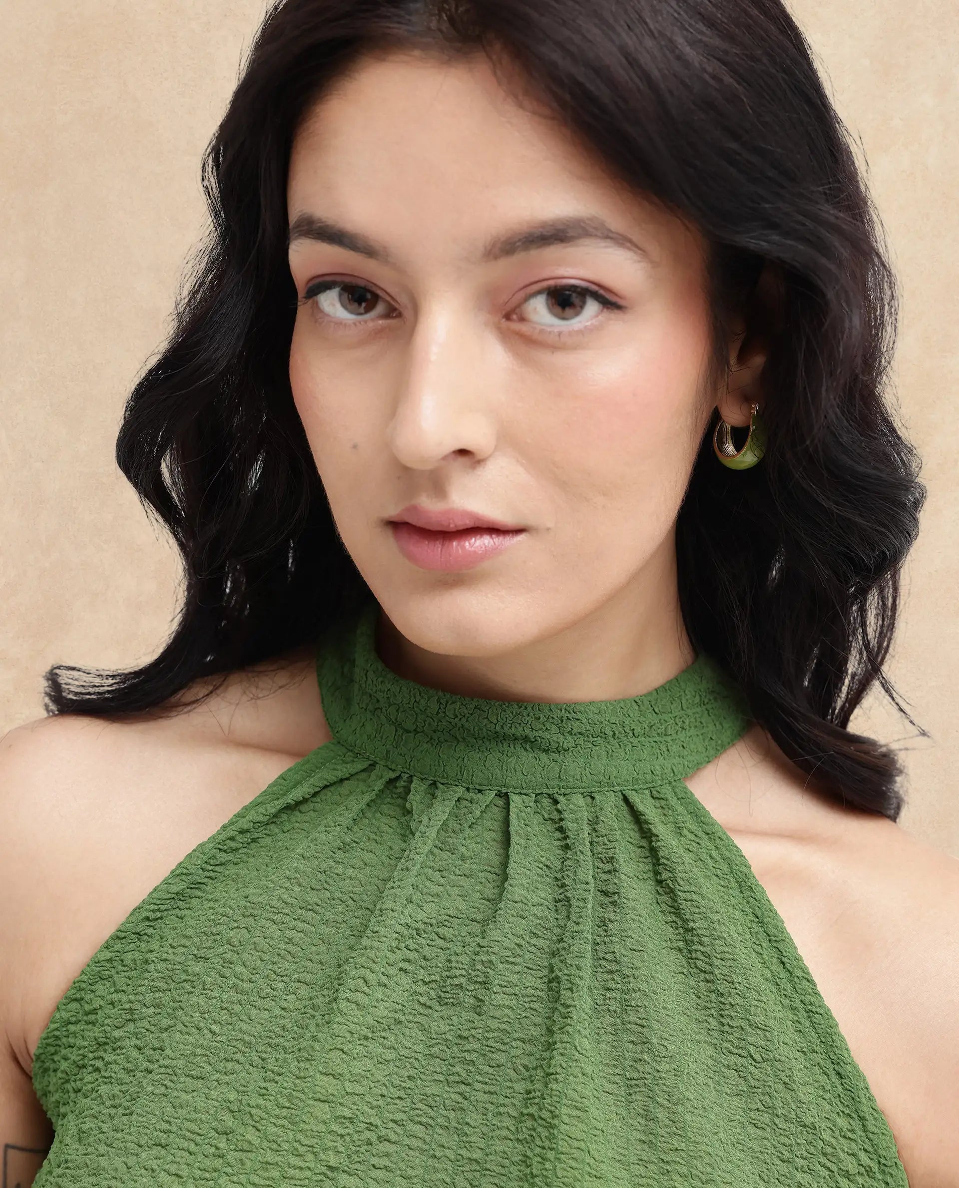 Rareism Women's Vicenza Dark Green Polyester Halter Neck Plain Sleeveless Regular Fit Top