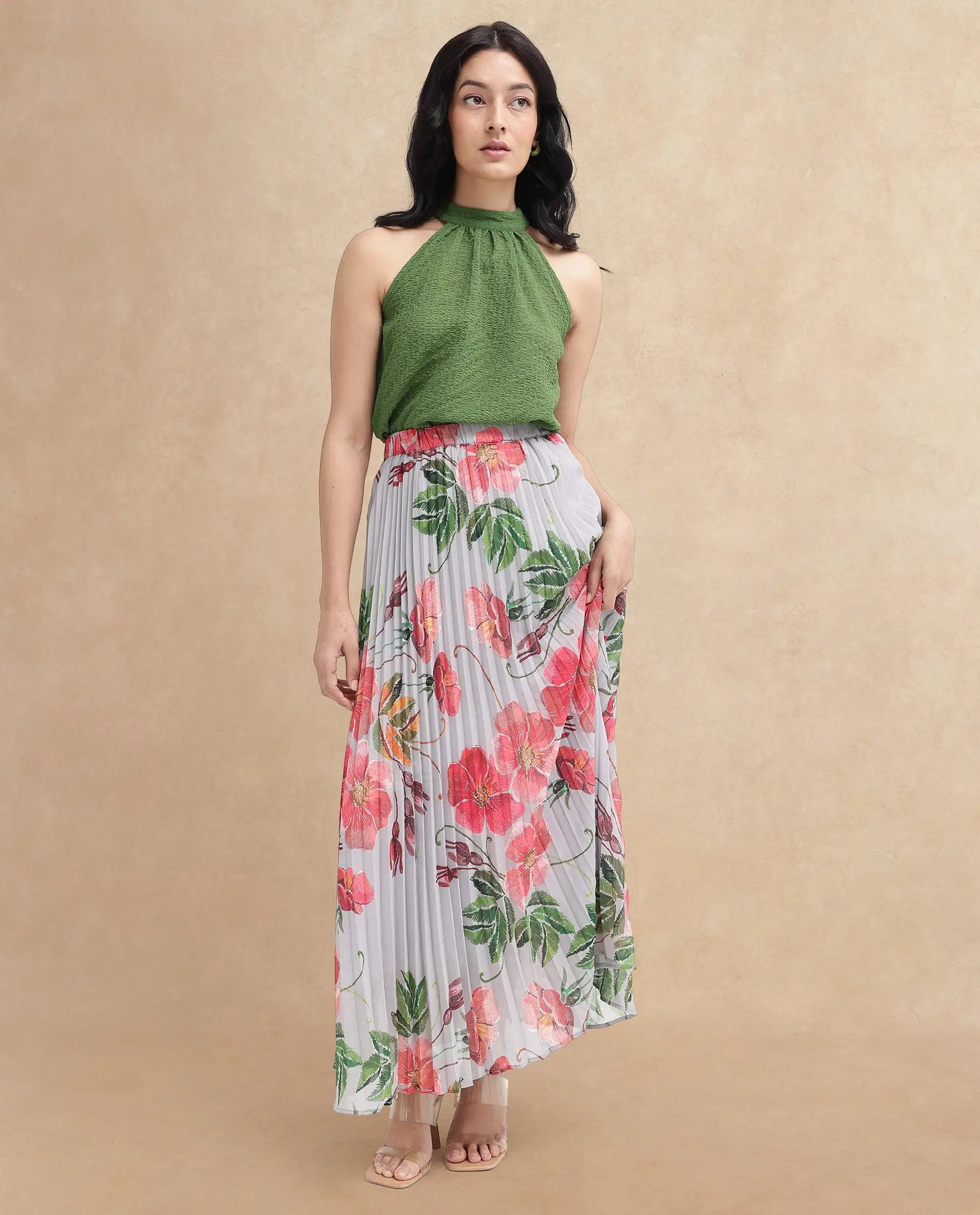 Rareism Women's Vicenza Dark Green Polyester Halter Neck Plain Sleeveless Regular Fit Top