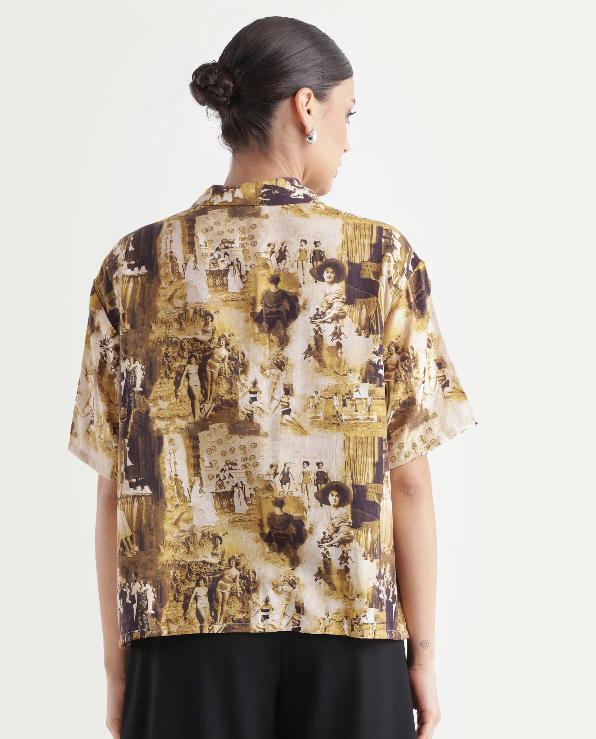 Rareism Women's Victoria Multi Viscose Spread Collar Object Print Boxy Fit Top