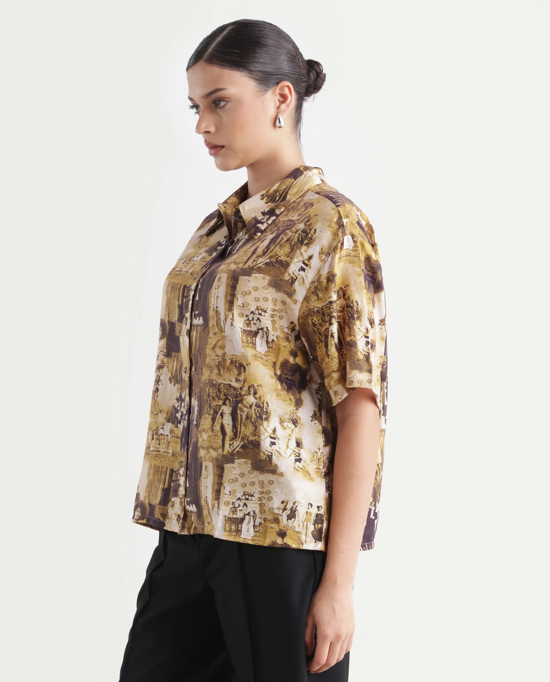 Rareism Women's Victoria Multi Viscose Spread Collar Object Print Boxy Fit Top