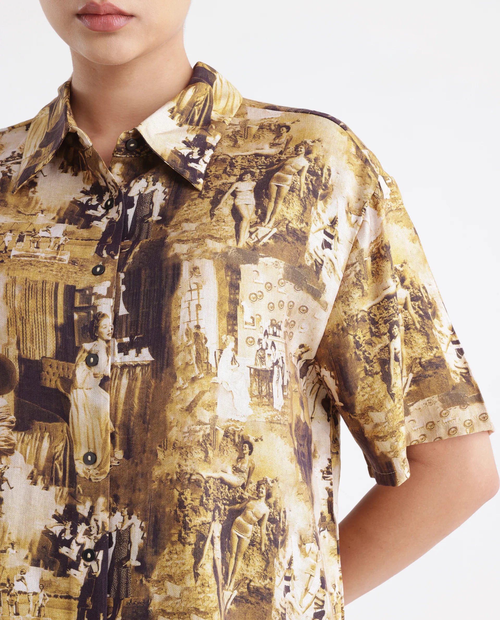 Rareism Women's Victoria Multi Viscose Spread Collar Object Print Boxy Fit Top