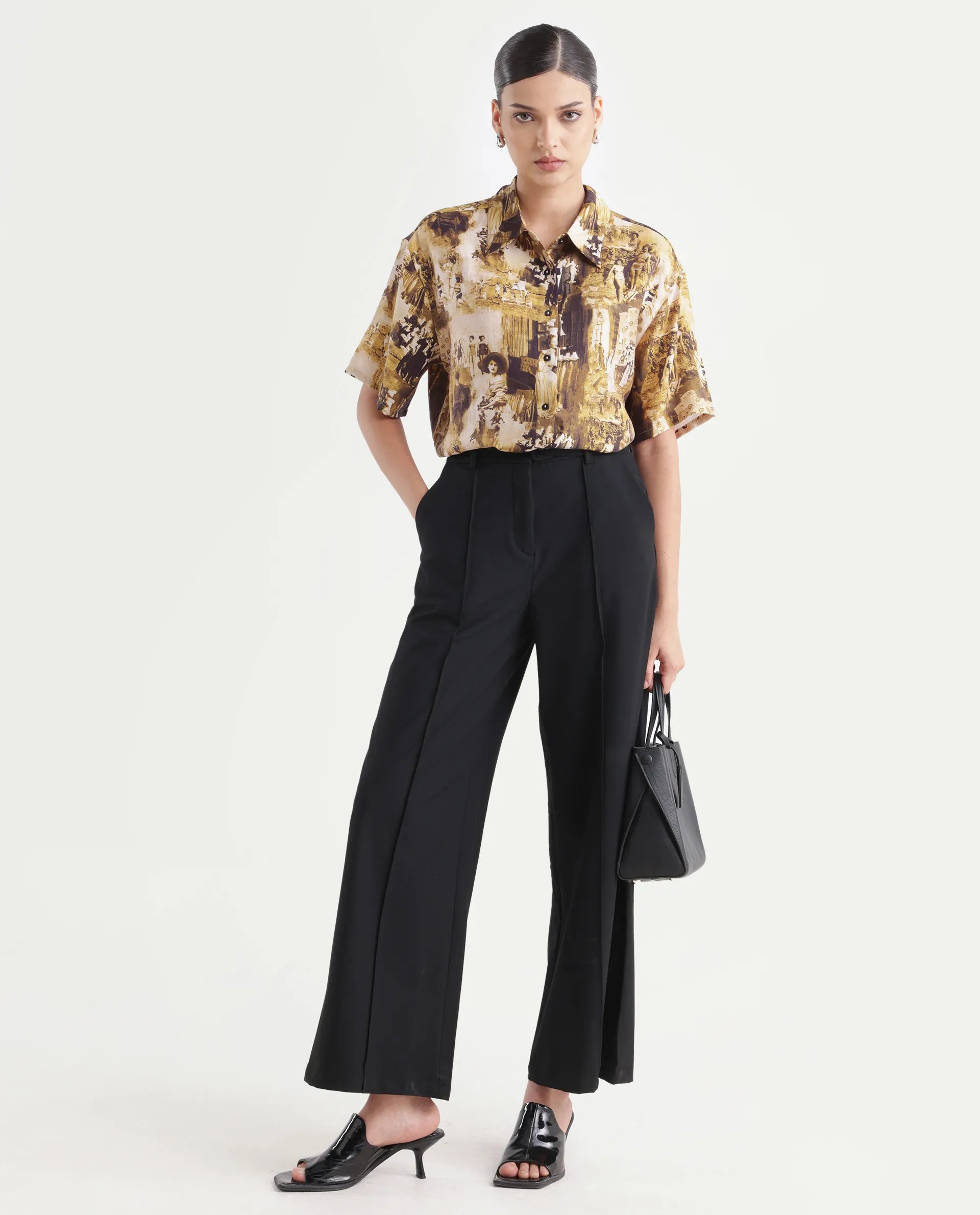 Rareism Women's Victoria Multi Viscose Spread Collar Object Print Boxy Fit Top