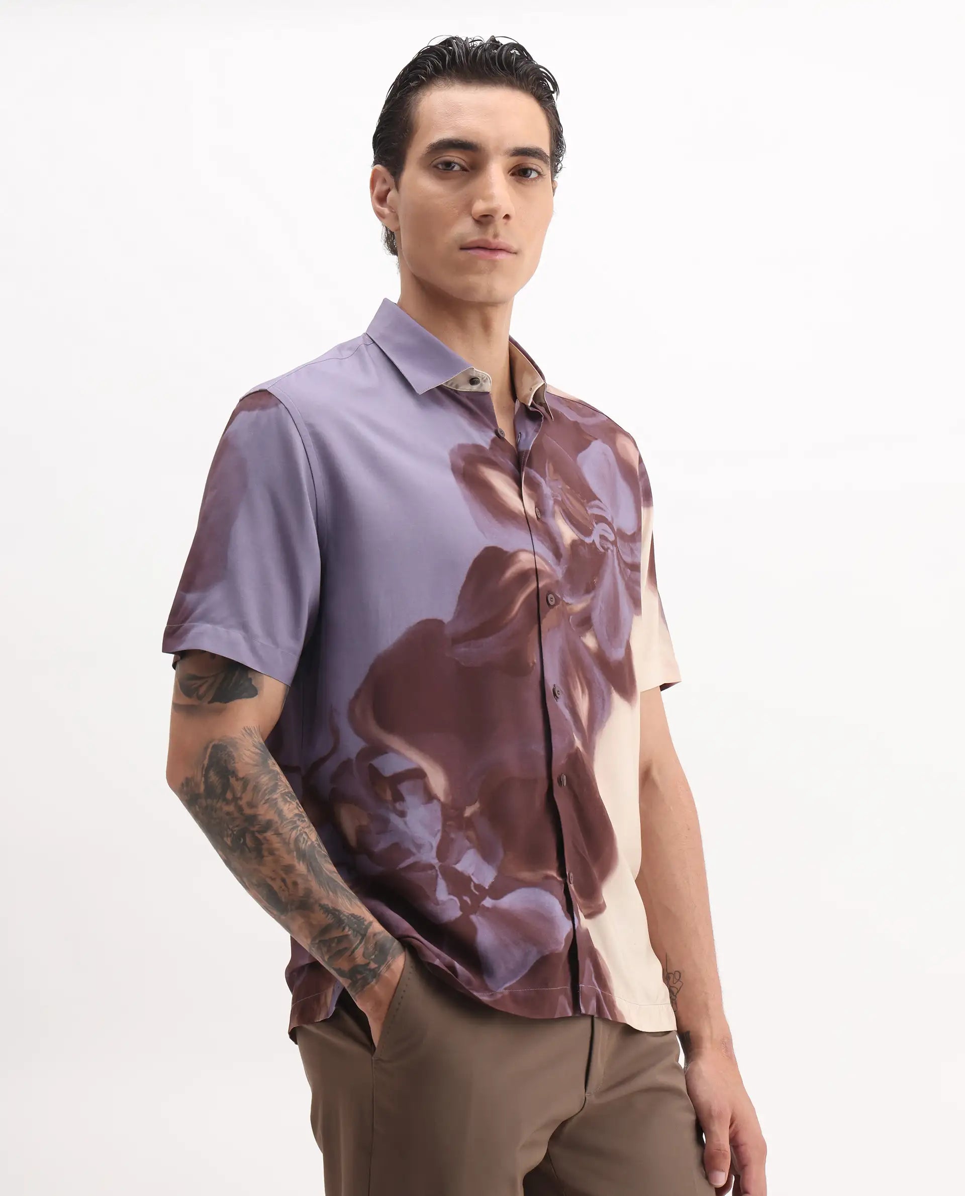 Rare Rabbit Men's Vider 2 Dusky Blue Viscose Floral Print Relaxed Fit Half Sleeve Collared Shirt