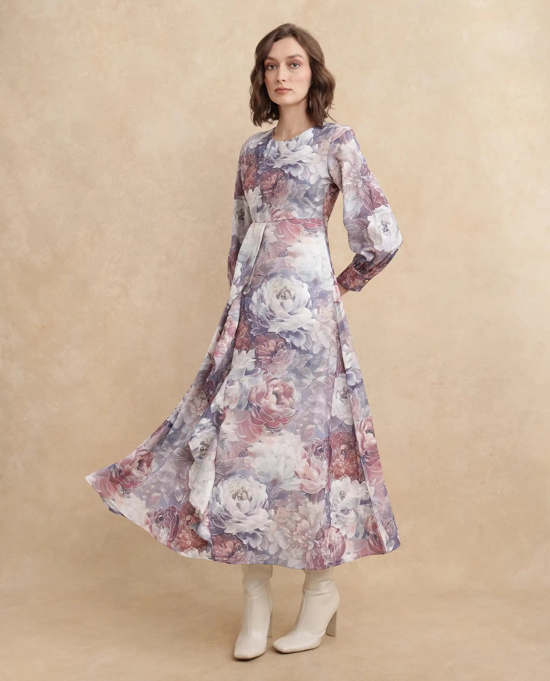 Rareism Women's Vienne Light Multi Satin Fabric Round Neck Slip-On Closure Puff Sleeve Floral Print Flared Maxi Dress