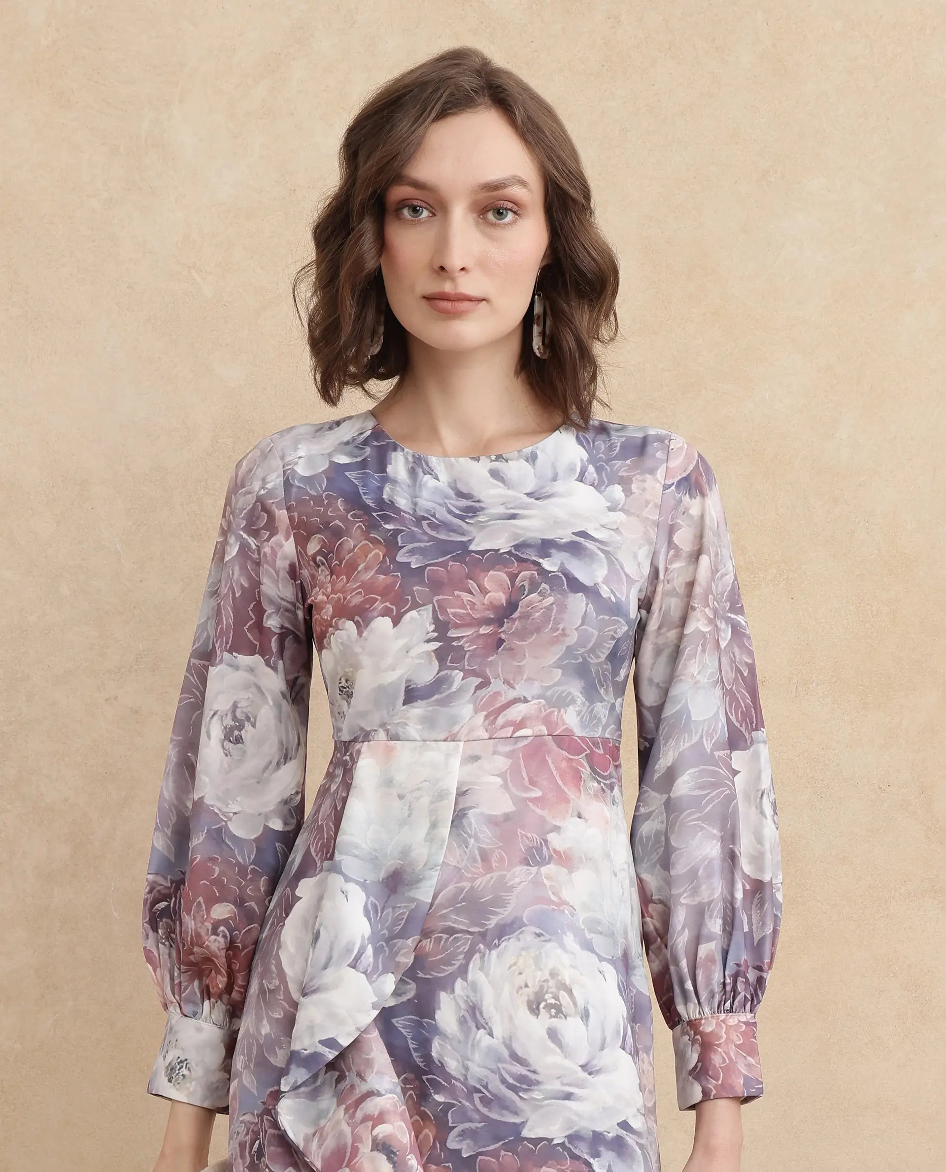 Rareism Women's Vienne Light Multi Satin Fabric Round Neck Slip-On Closure Puff Sleeve Floral Print Flared Maxi Dress