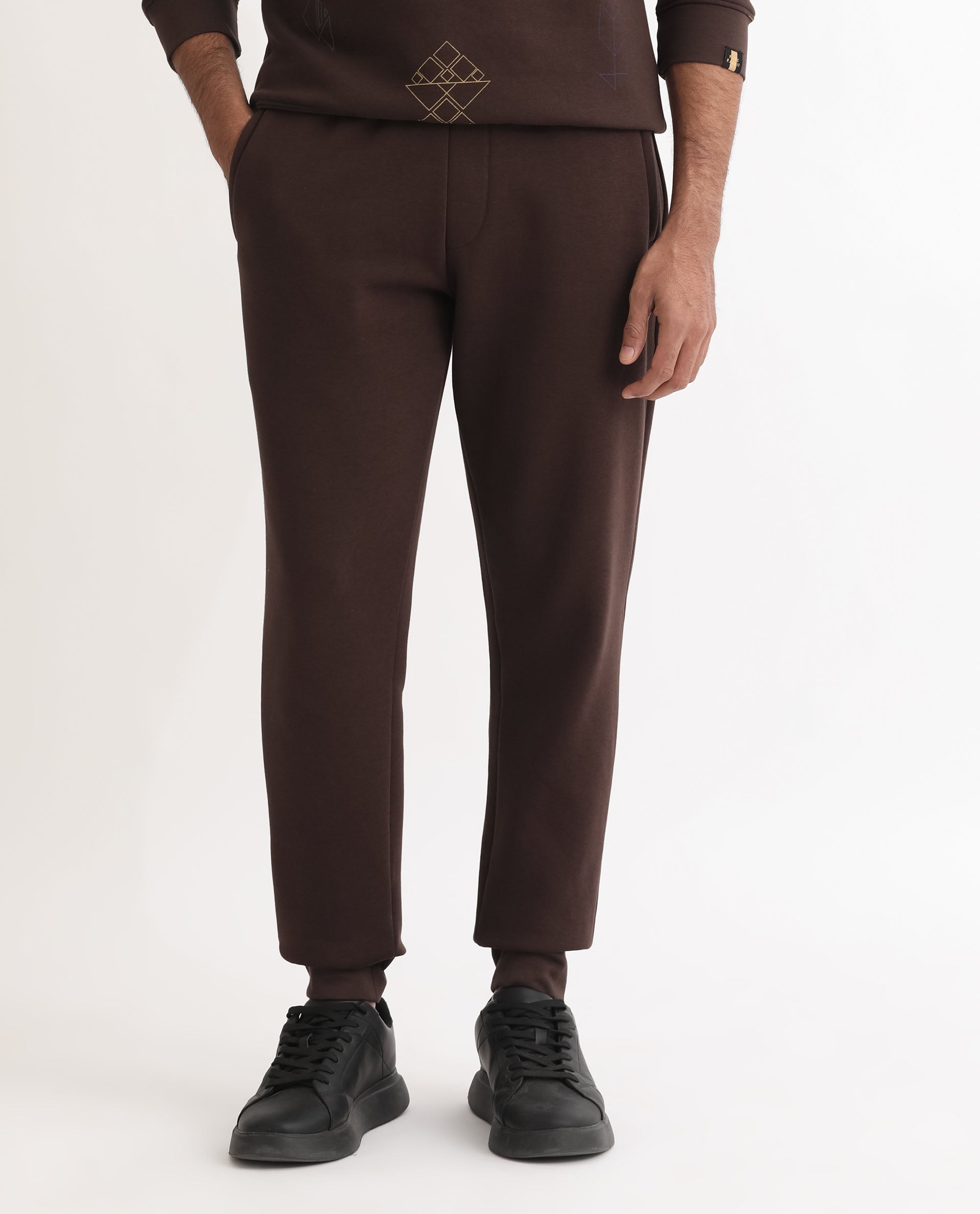 Rare Rabbit Mens Vik Brown Track Pant Cotton Polyester Fabric Mid Rise Knitted Draw String Closure Regular Fit