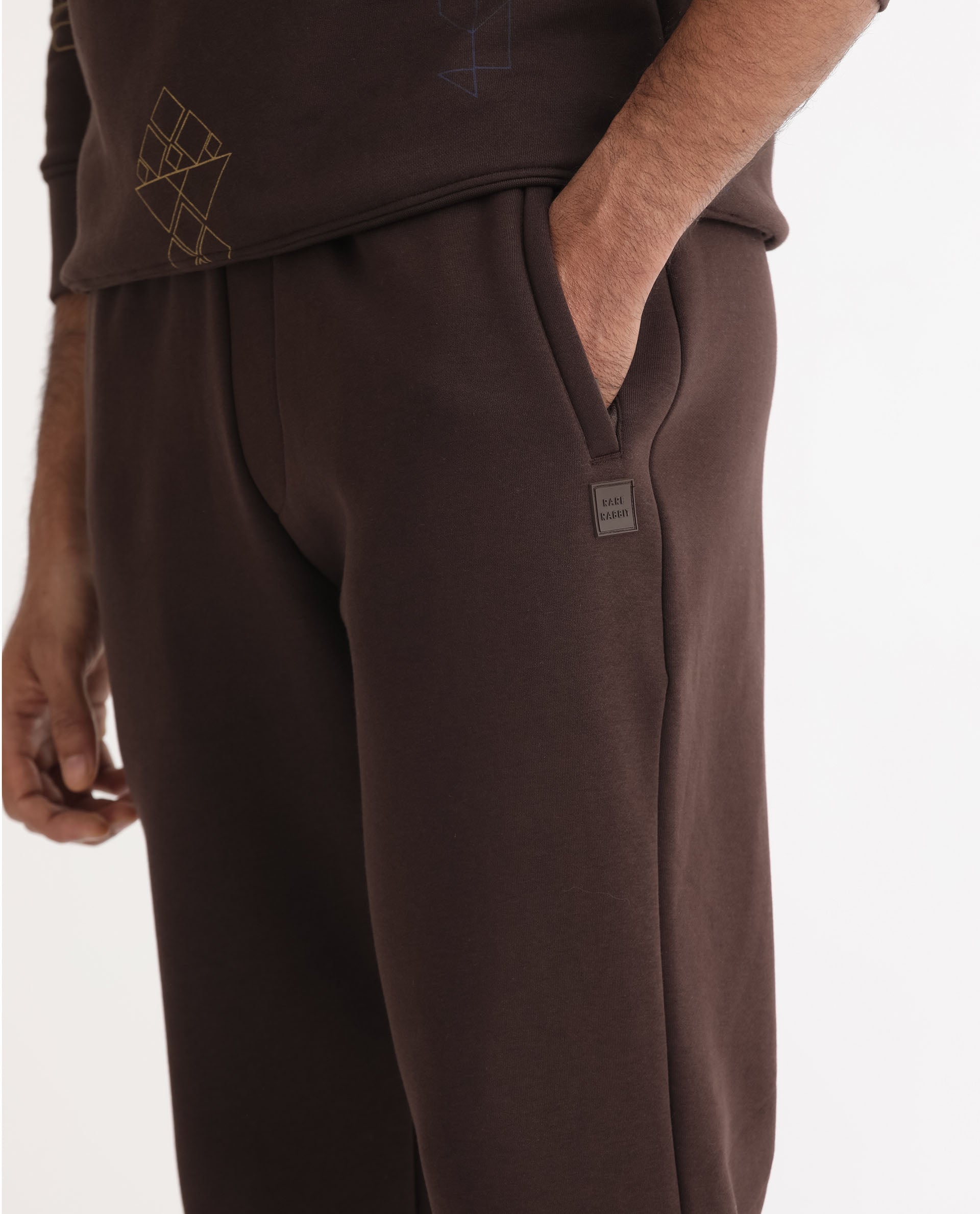 Rare Rabbit Mens Vik Brown Track Pant Cotton Polyester Fabric Mid Rise Knitted Draw String Closure Regular Fit