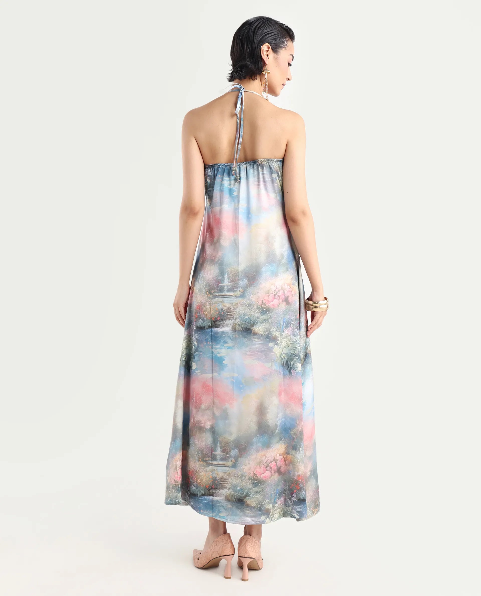 Rareism Women's Villeur Multi Satin Cowl Neck Floral Print Sleeveless Maxi Flared Dress