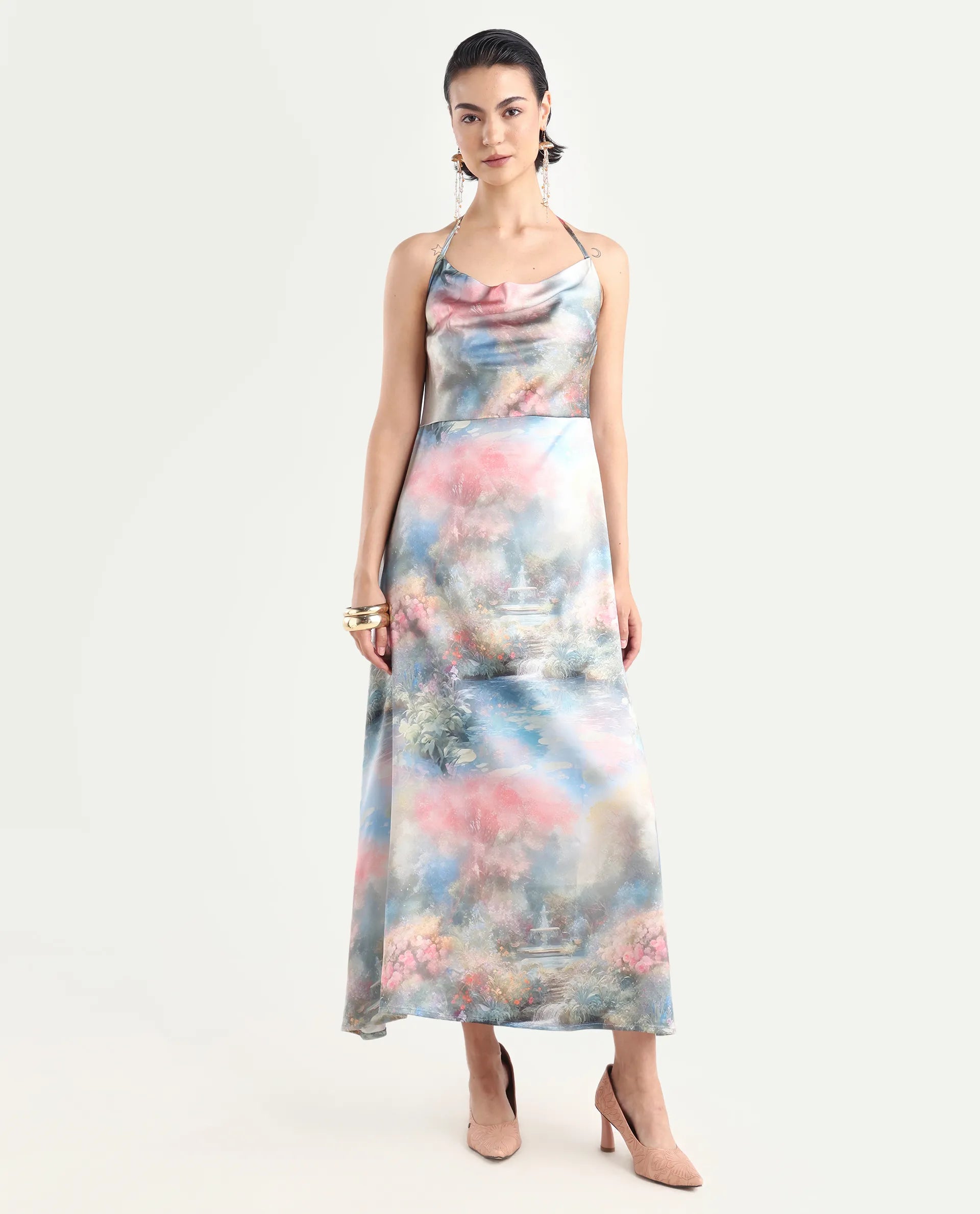 Rareism Women's Villeur Multi Satin Cowl Neck Floral Print Sleeveless Maxi Flared Dress