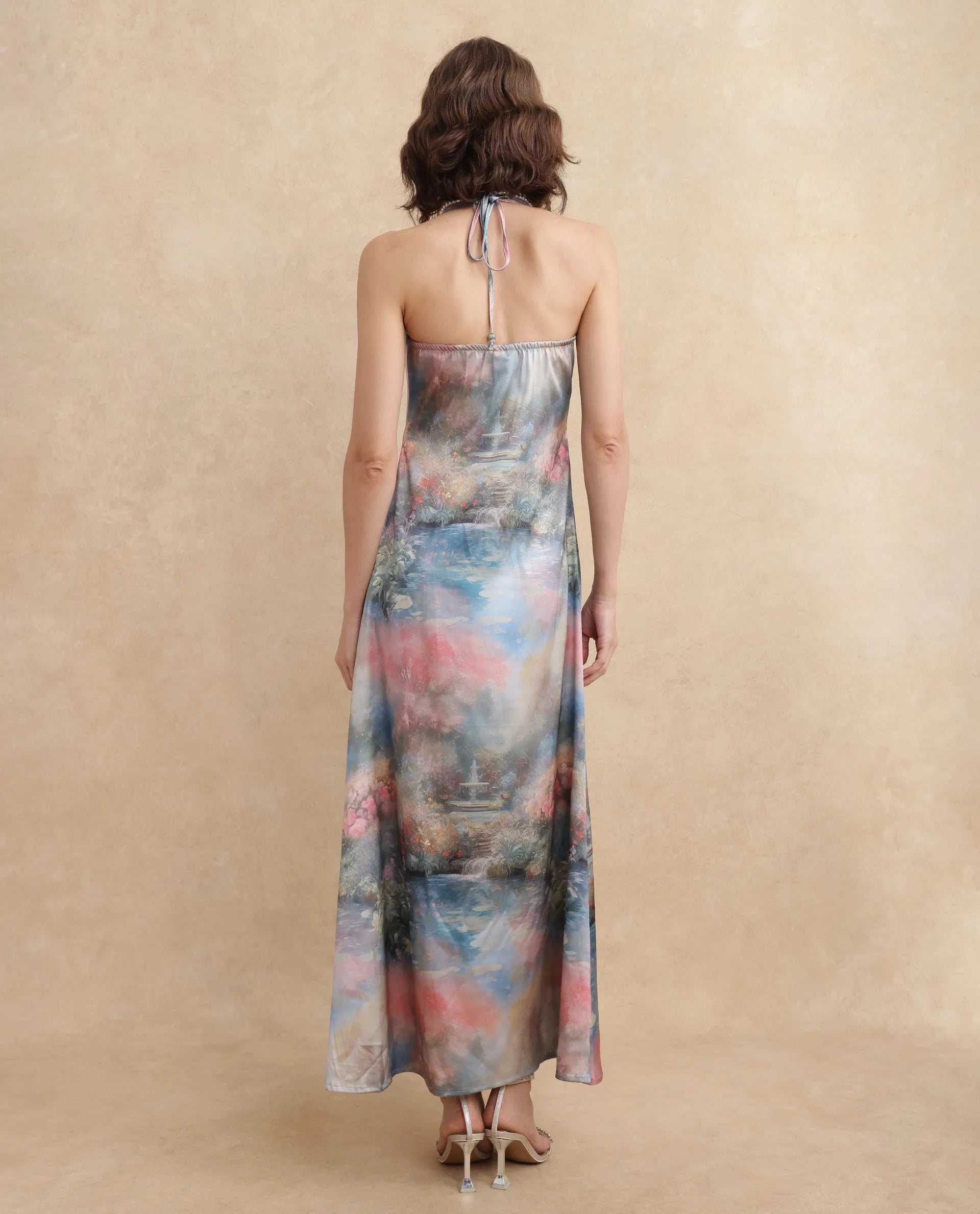 Rareism Women's Villeur Multi Satin Fabric Cowl Neck Tie-Up Closure Sleeveless Floral Print Flared Maxi Dress