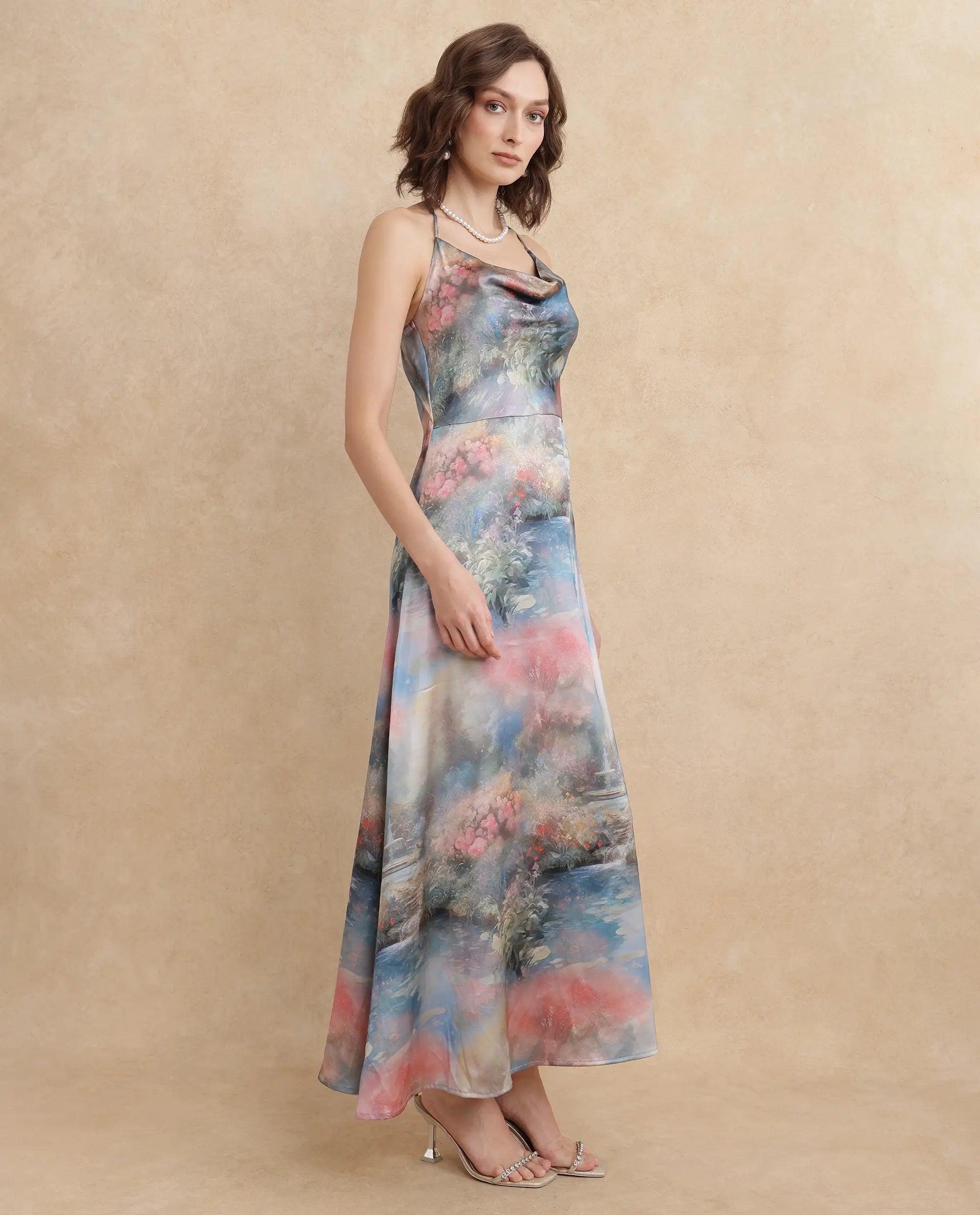 Rareism Women's Villeur Multi Satin Fabric Cowl Neck Tie-Up Closure Sleeveless Floral Print Flared Maxi Dress