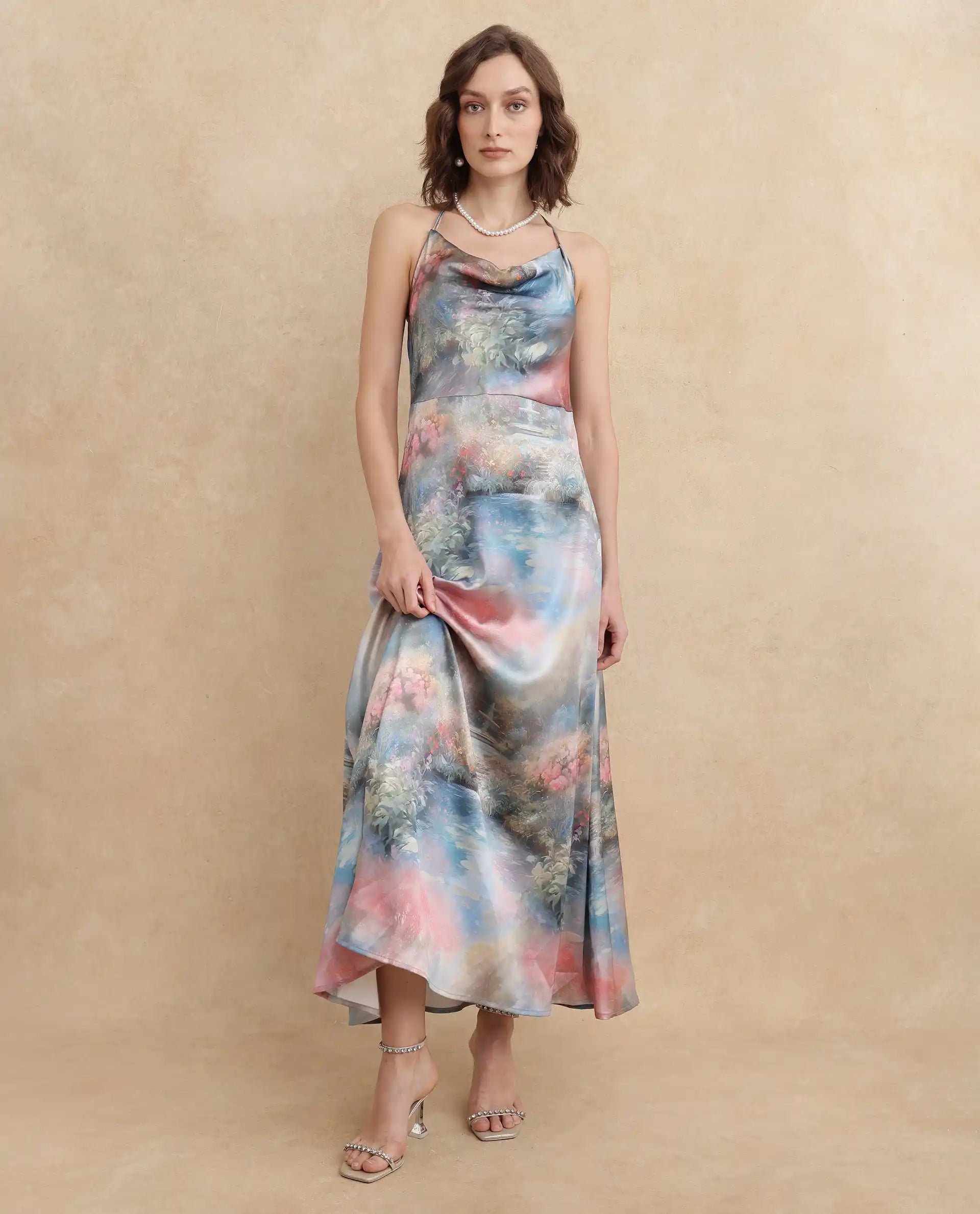 Rareism Women's Villeur Multi Satin Fabric Cowl Neck Tie-Up Closure Sleeveless Floral Print Flared Maxi Dress