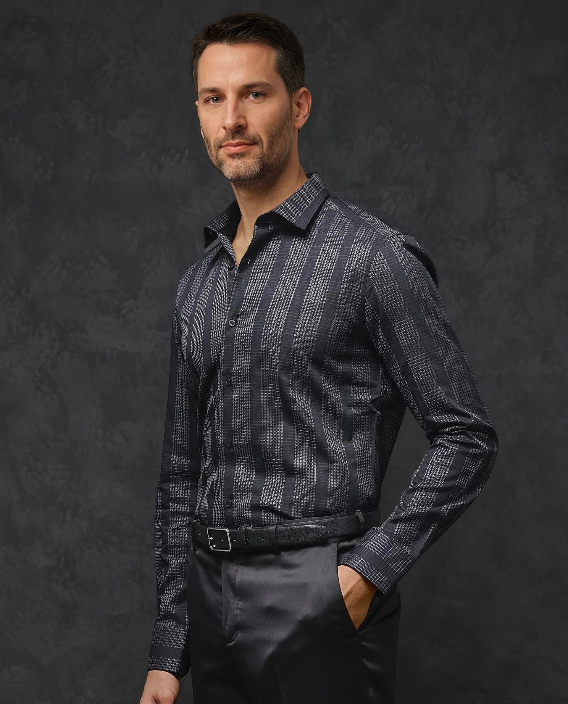 Rare Rabbit Men's Villum Black Regular Collar Regular Fit Check Shirt