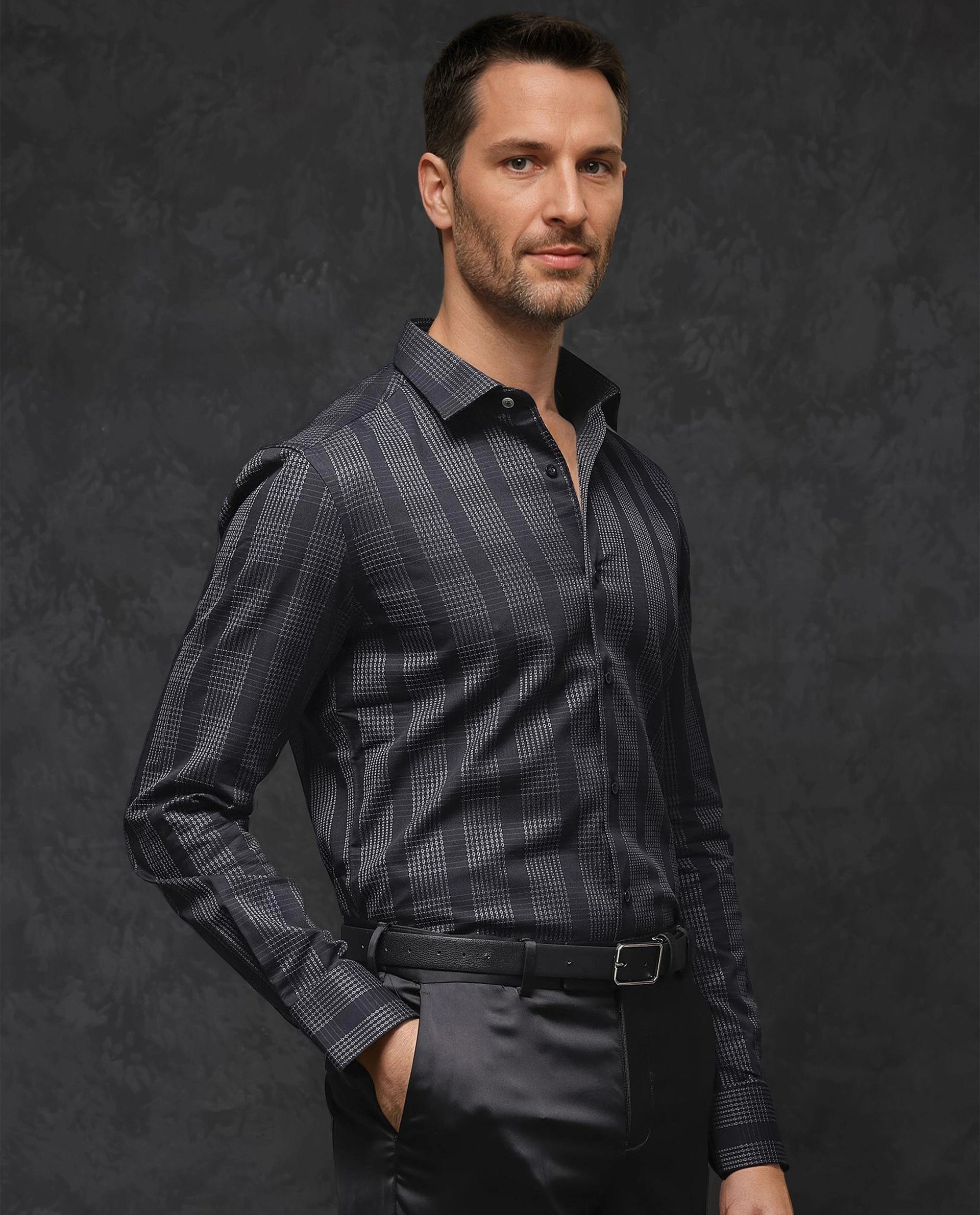 Rare Rabbit Men's Villum Black Regular Collar Regular Fit Check Shirt