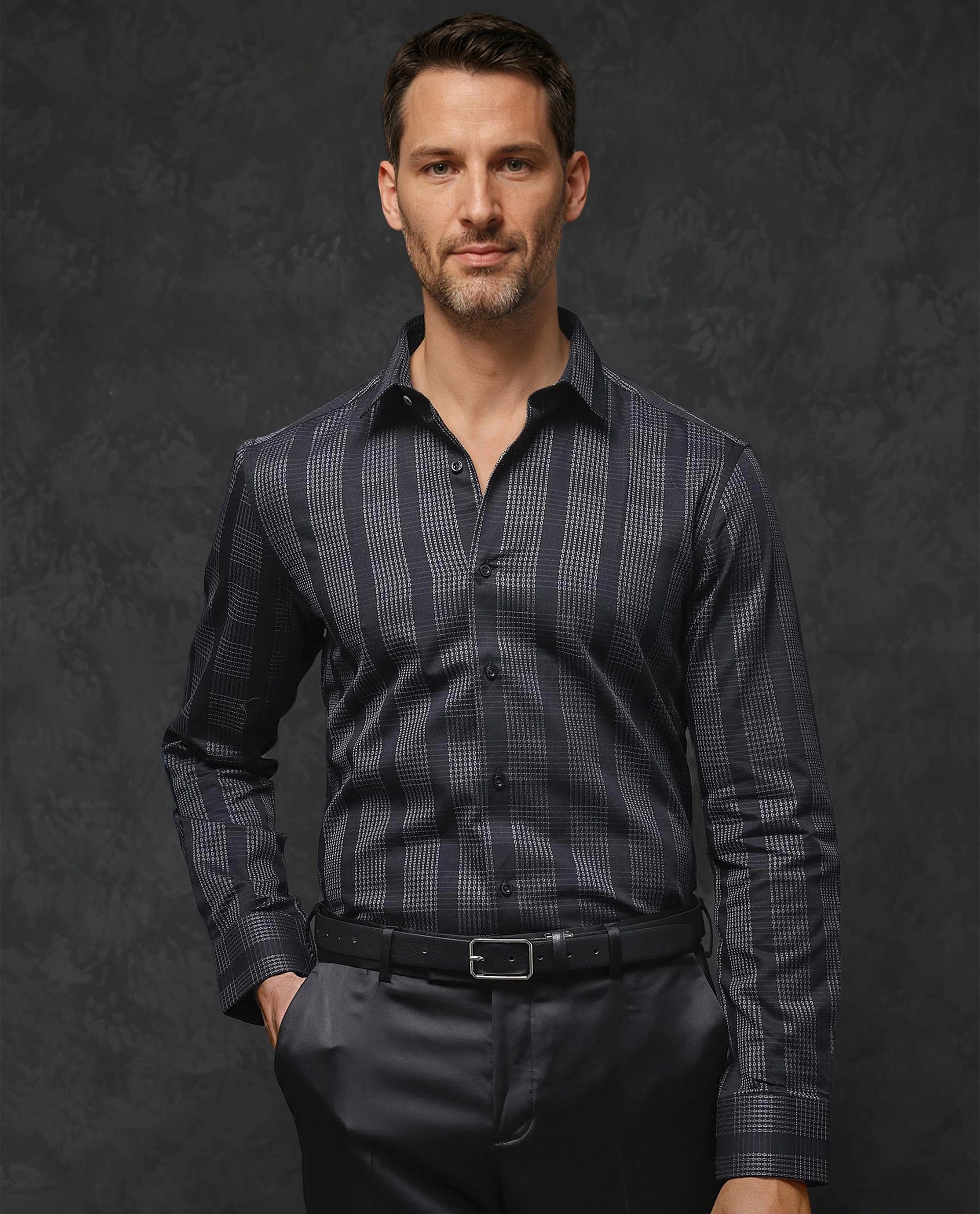 Rare Rabbit Men's Villum Black Regular Collar Regular Fit Check Shirt