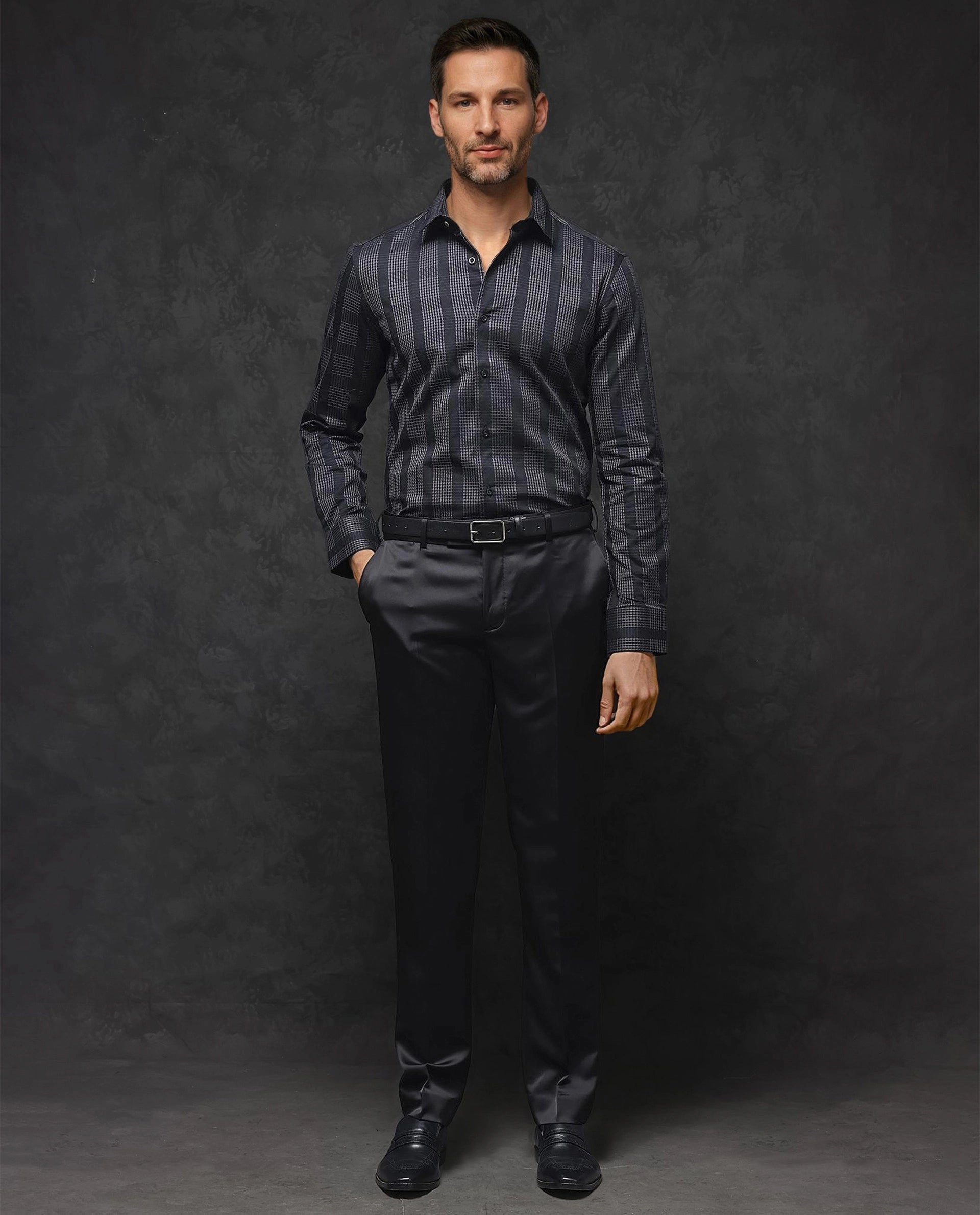 Rare Rabbit Men's Villum Black Regular Collar Regular Fit Check Shirt