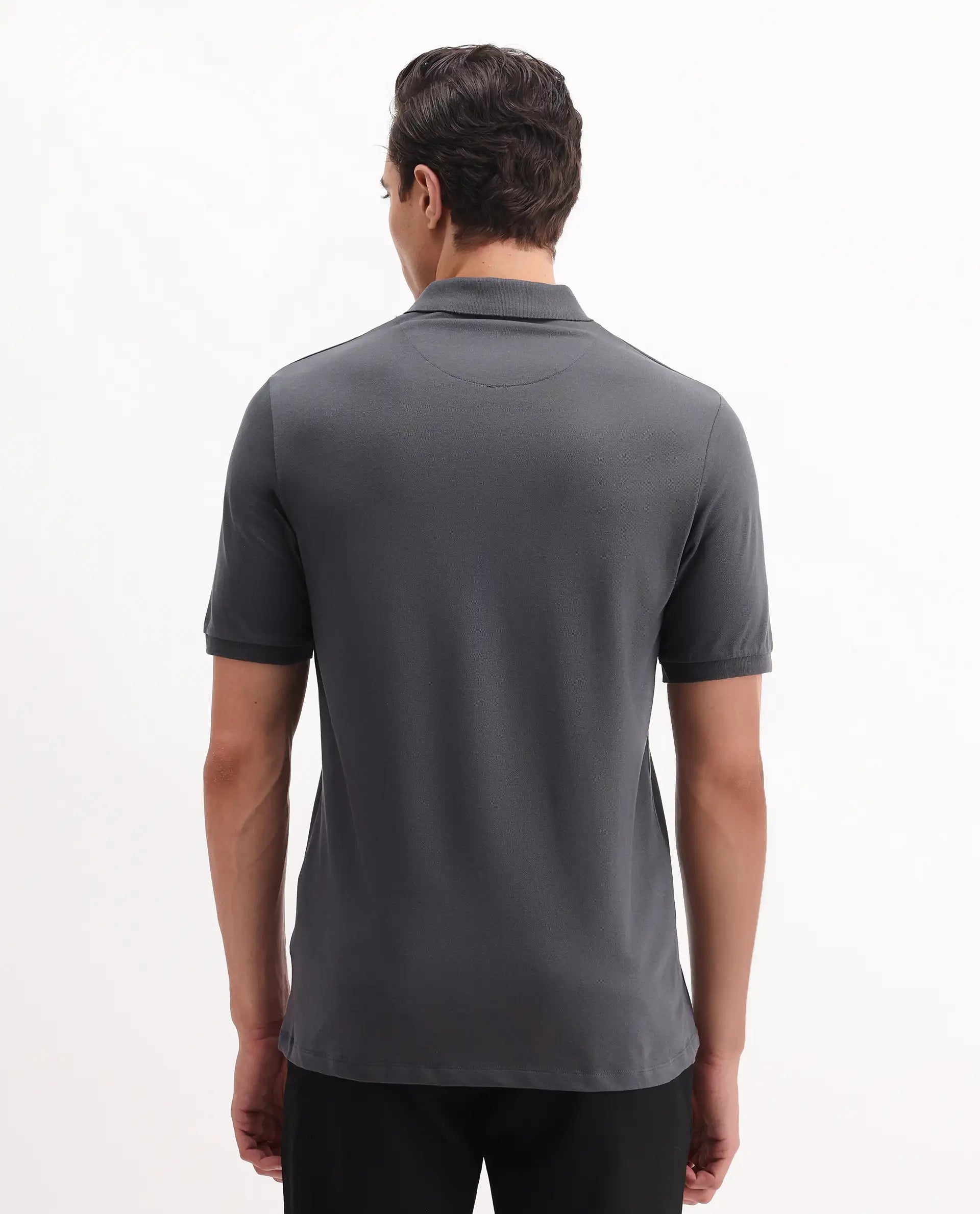 Rare Rabbit Men's Vinc Dark Grey Cotton Plain Regular Fit Half Sleeve Polo