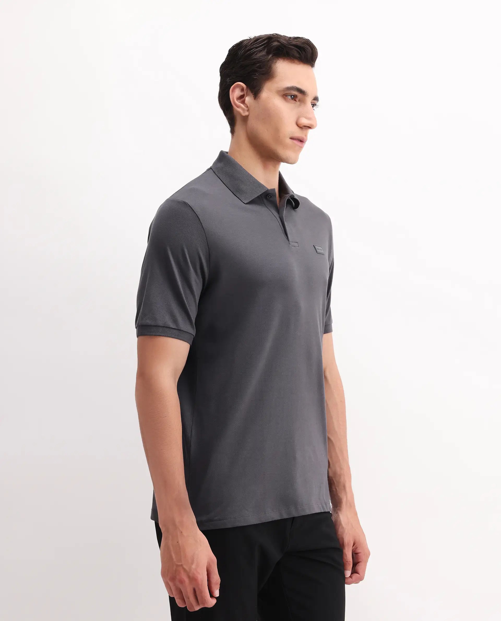 Rare Rabbit Men's Vinc Dark Grey Cotton Plain Regular Fit Half Sleeve Polo