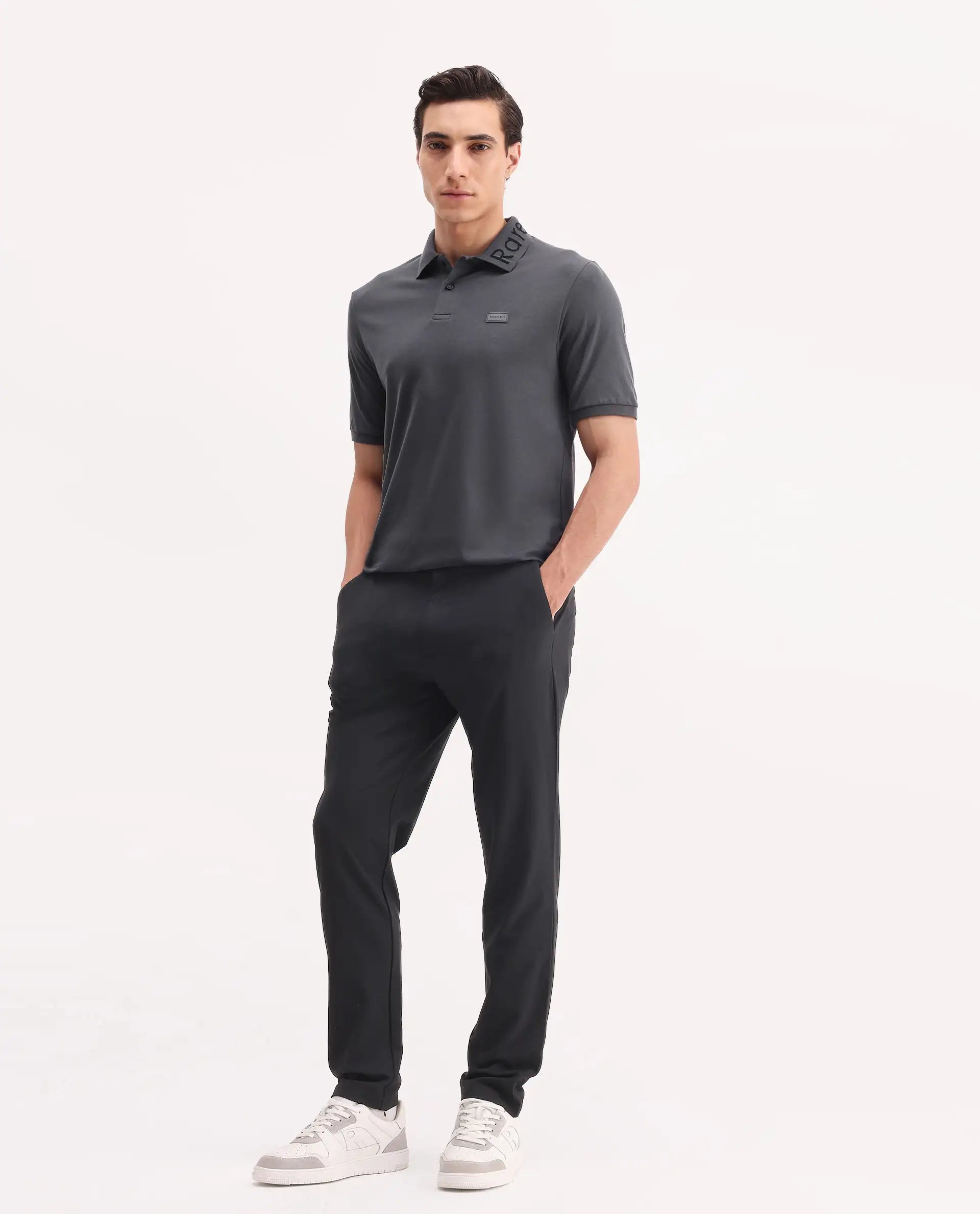 Rare Rabbit Men's Vinc Dark Grey Cotton Plain Regular Fit Half Sleeve Polo