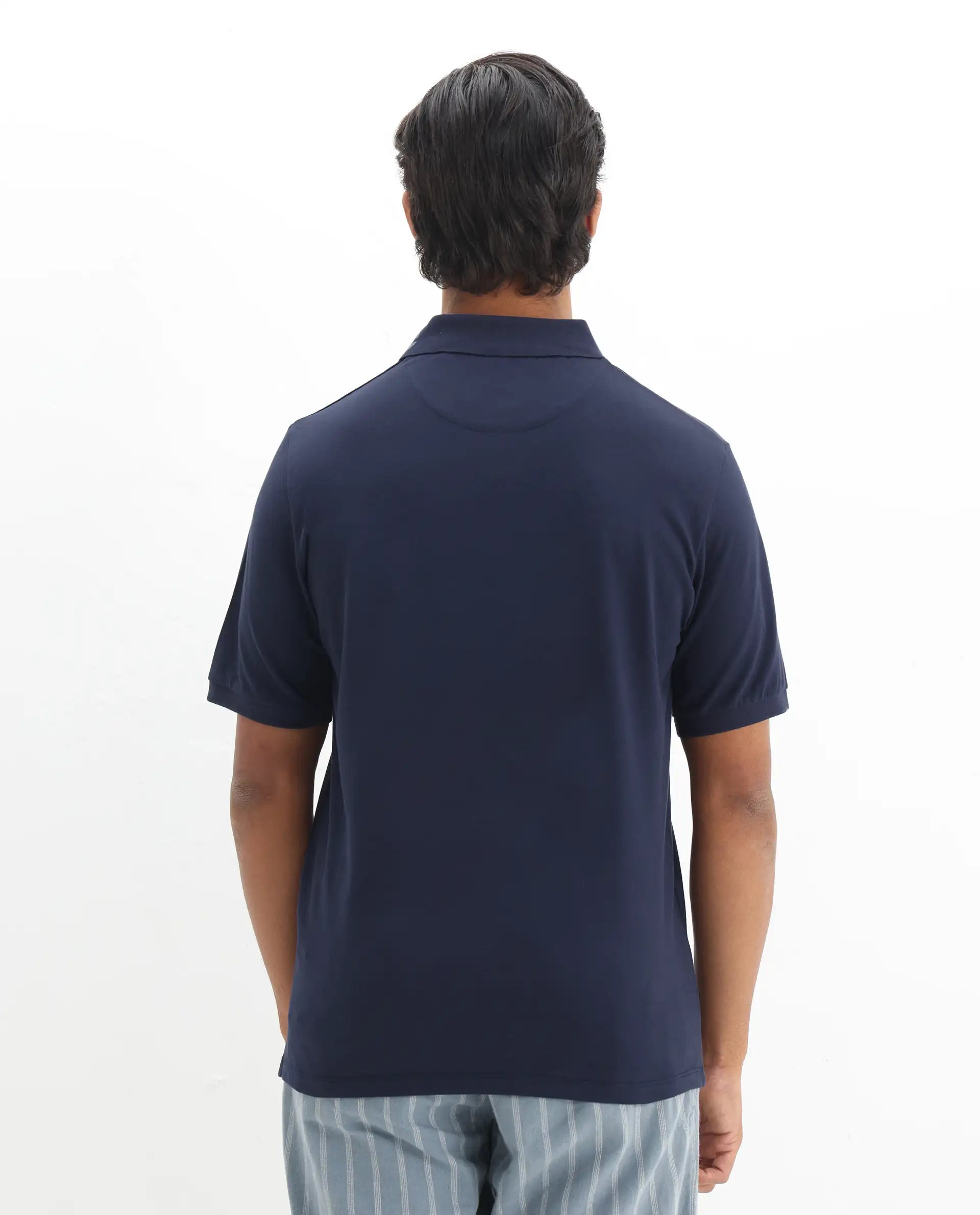 Rare Rabbit Men's Vinc Navy Cotton Plain Regular Fit Half Sleeve Polo