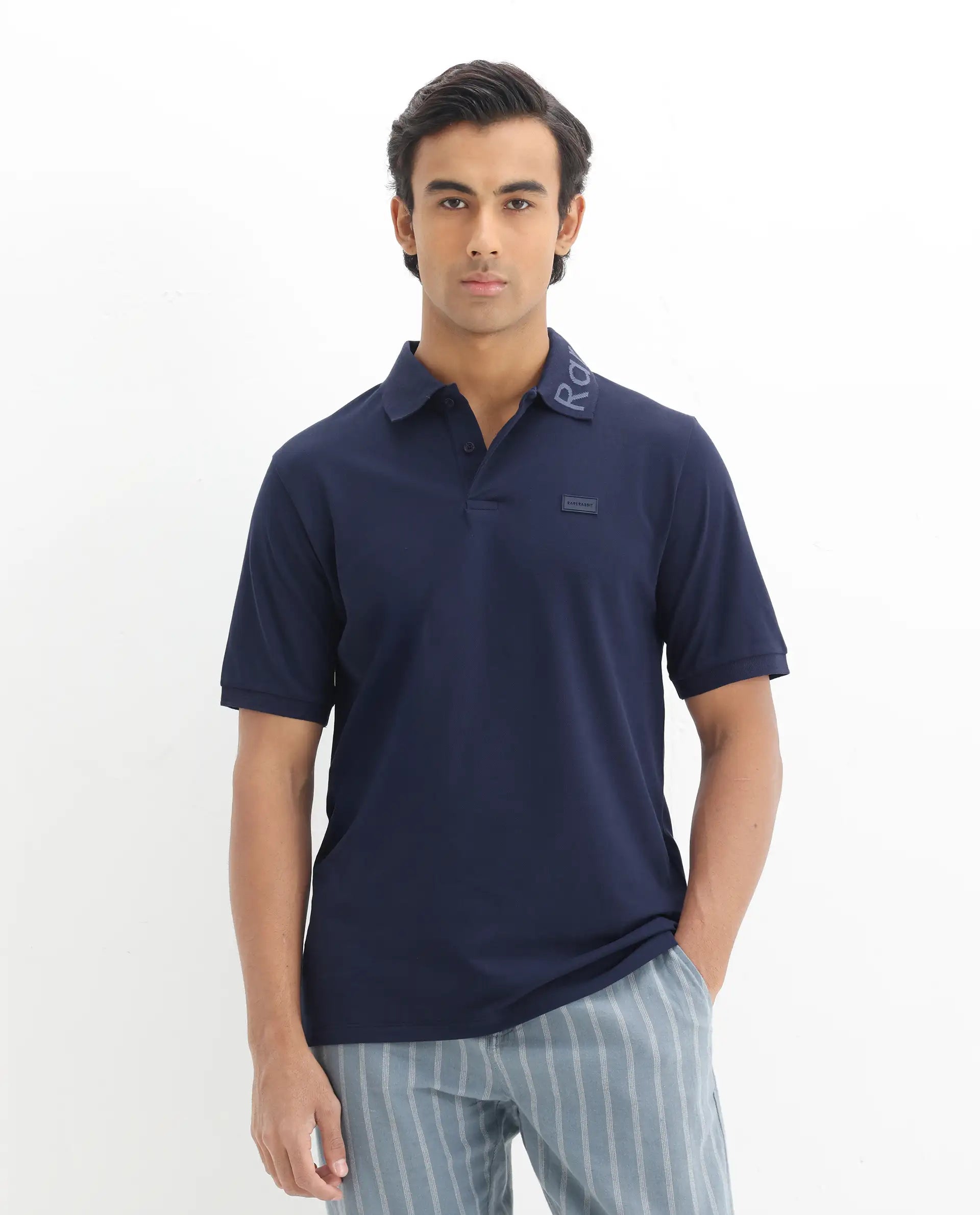 Rare Rabbit Men's Vinc Navy Cotton Plain Regular Fit Half Sleeve Polo