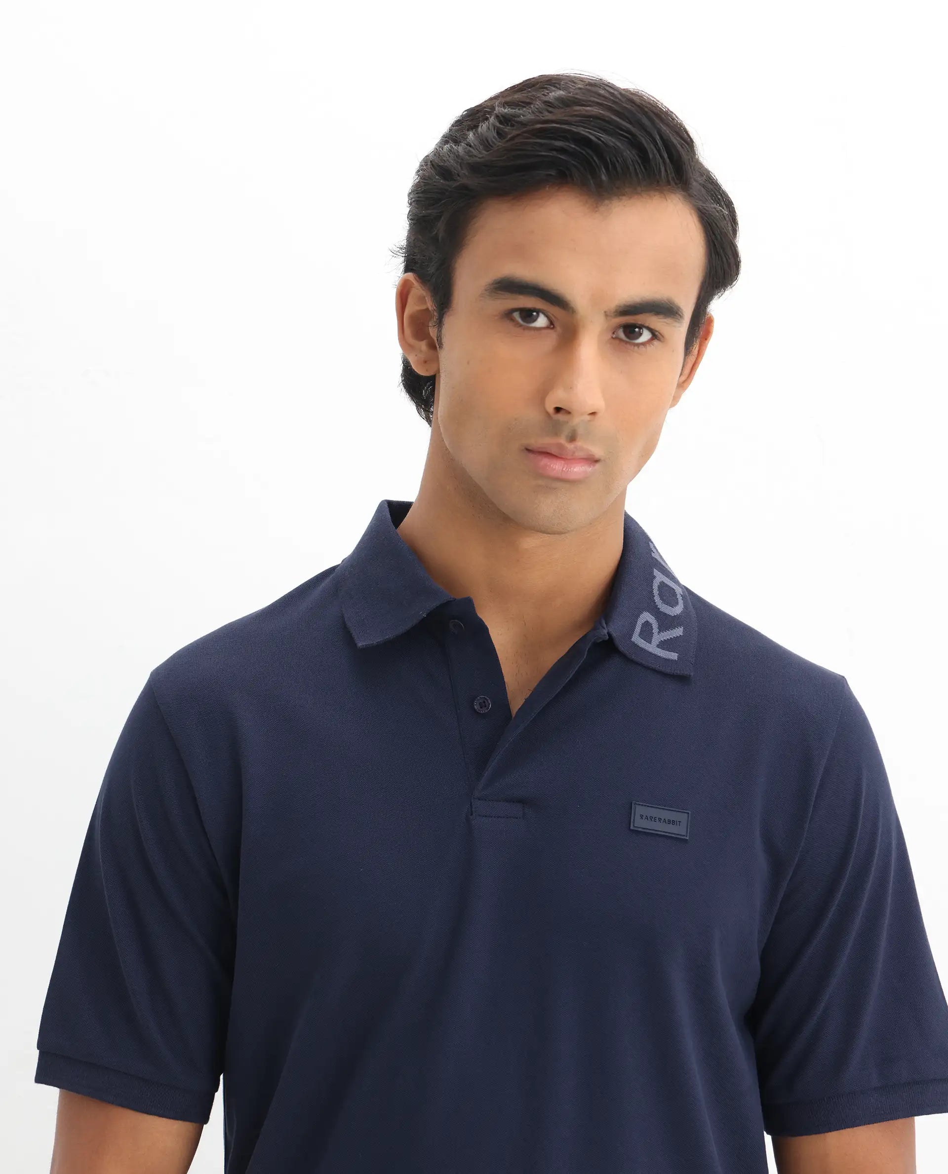 Rare Rabbit Men's Vinc Navy Cotton Plain Regular Fit Half Sleeve Polo