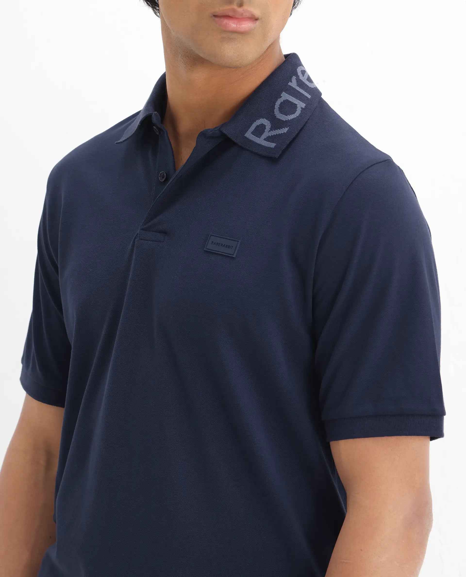Rare Rabbit Men's Vinc Navy Cotton Plain Regular Fit Half Sleeve Polo