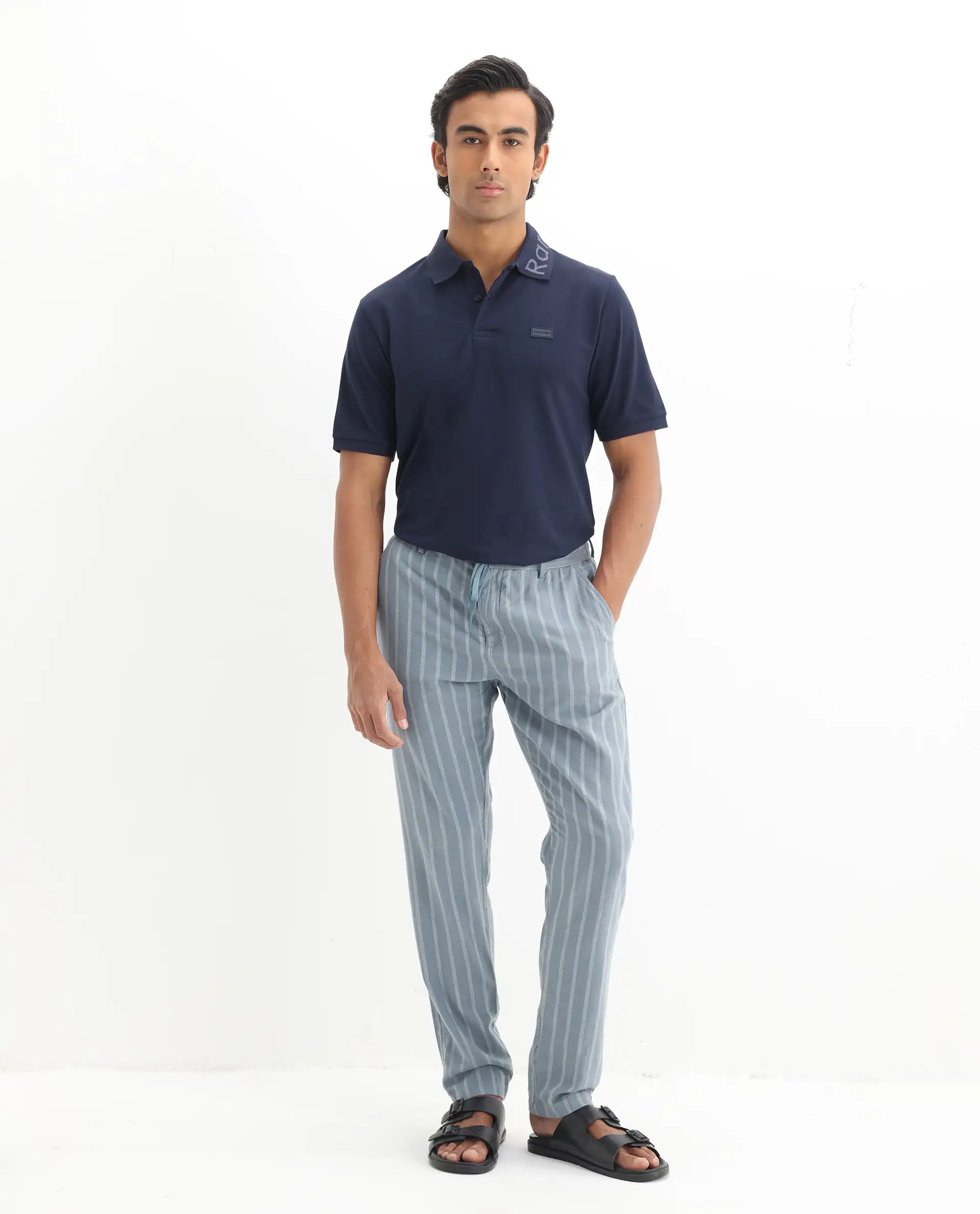 Rare Rabbit Men's Vinc Navy Cotton Plain Regular Fit Half Sleeve Polo