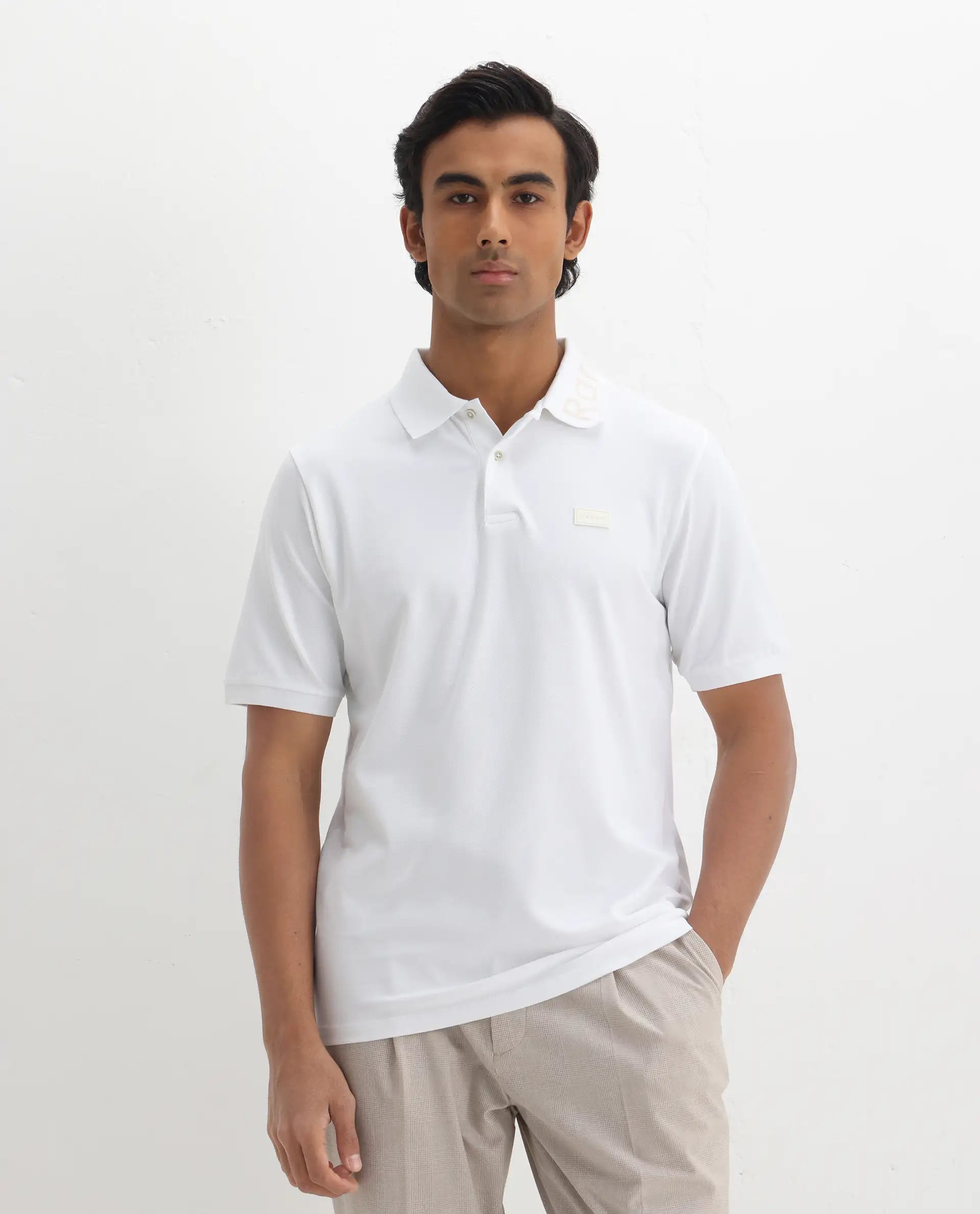 Rare Rabbit Men's Vinc White Cotton Plain Regular Fit Half Sleeve Polo