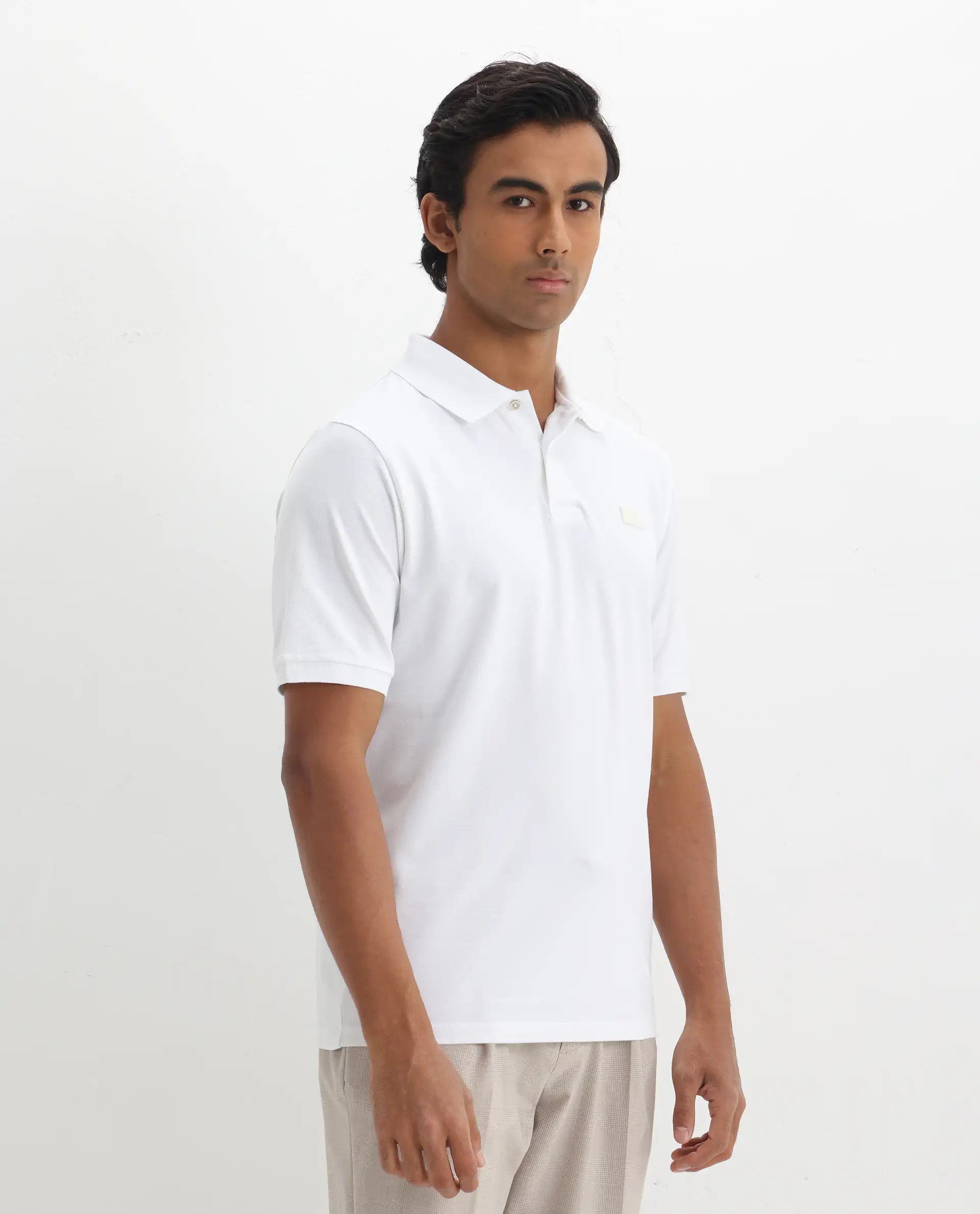 Rare Rabbit Men's Vinc White Cotton Plain Regular Fit Half Sleeve Polo