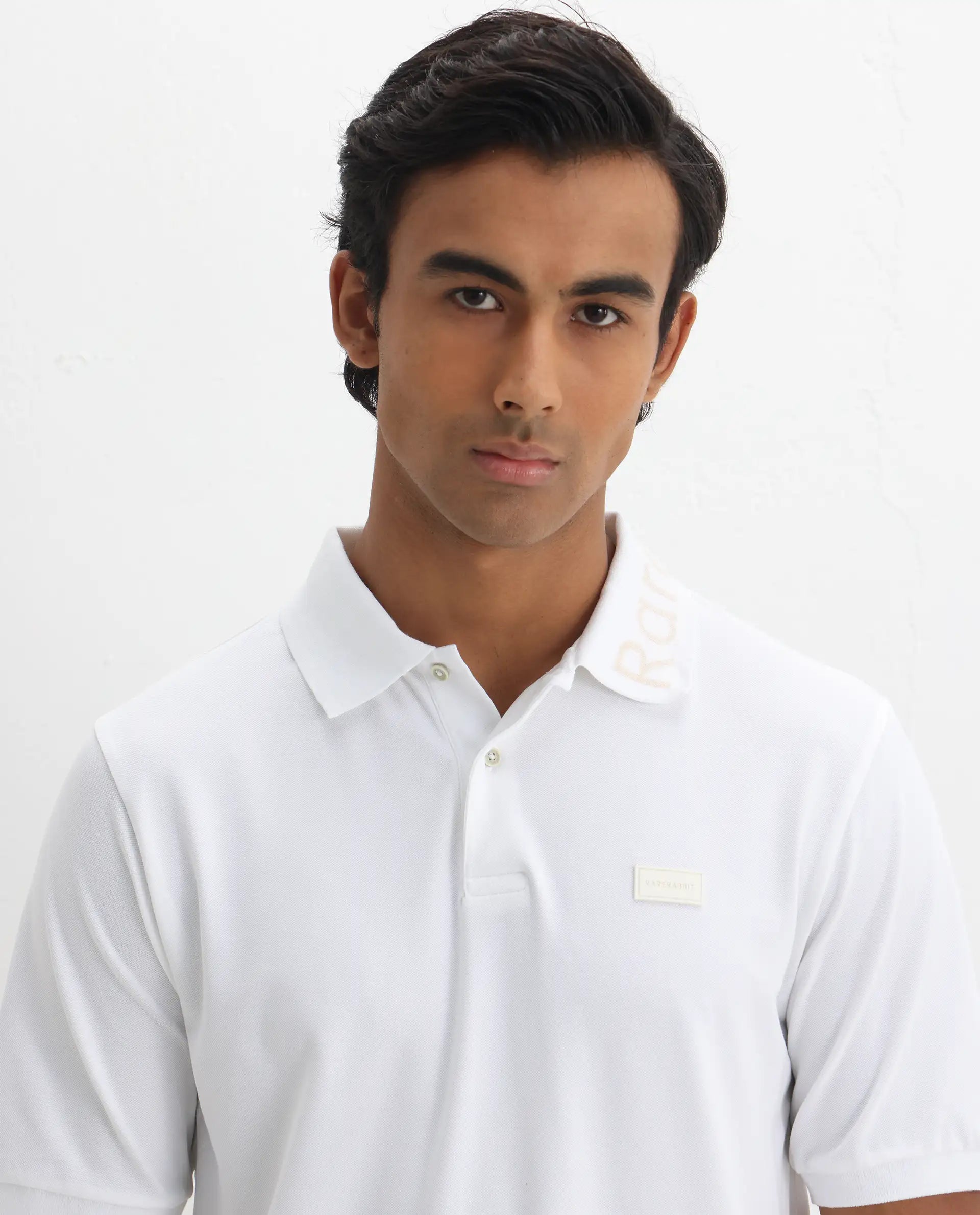 Rare Rabbit Men's Vinc White Cotton Plain Regular Fit Half Sleeve Polo