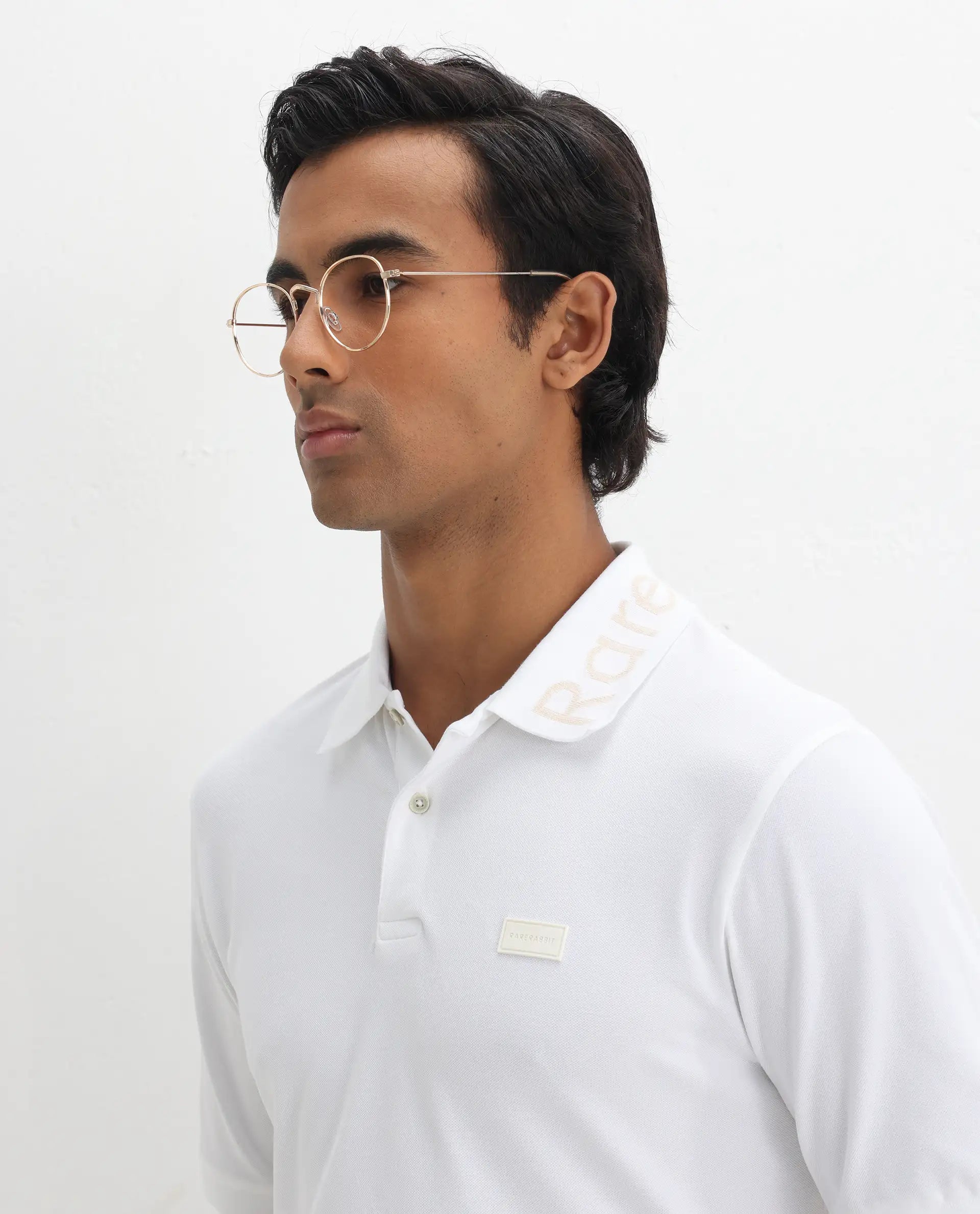 Rare Rabbit Men's Vinc White Cotton Plain Regular Fit Half Sleeve Polo