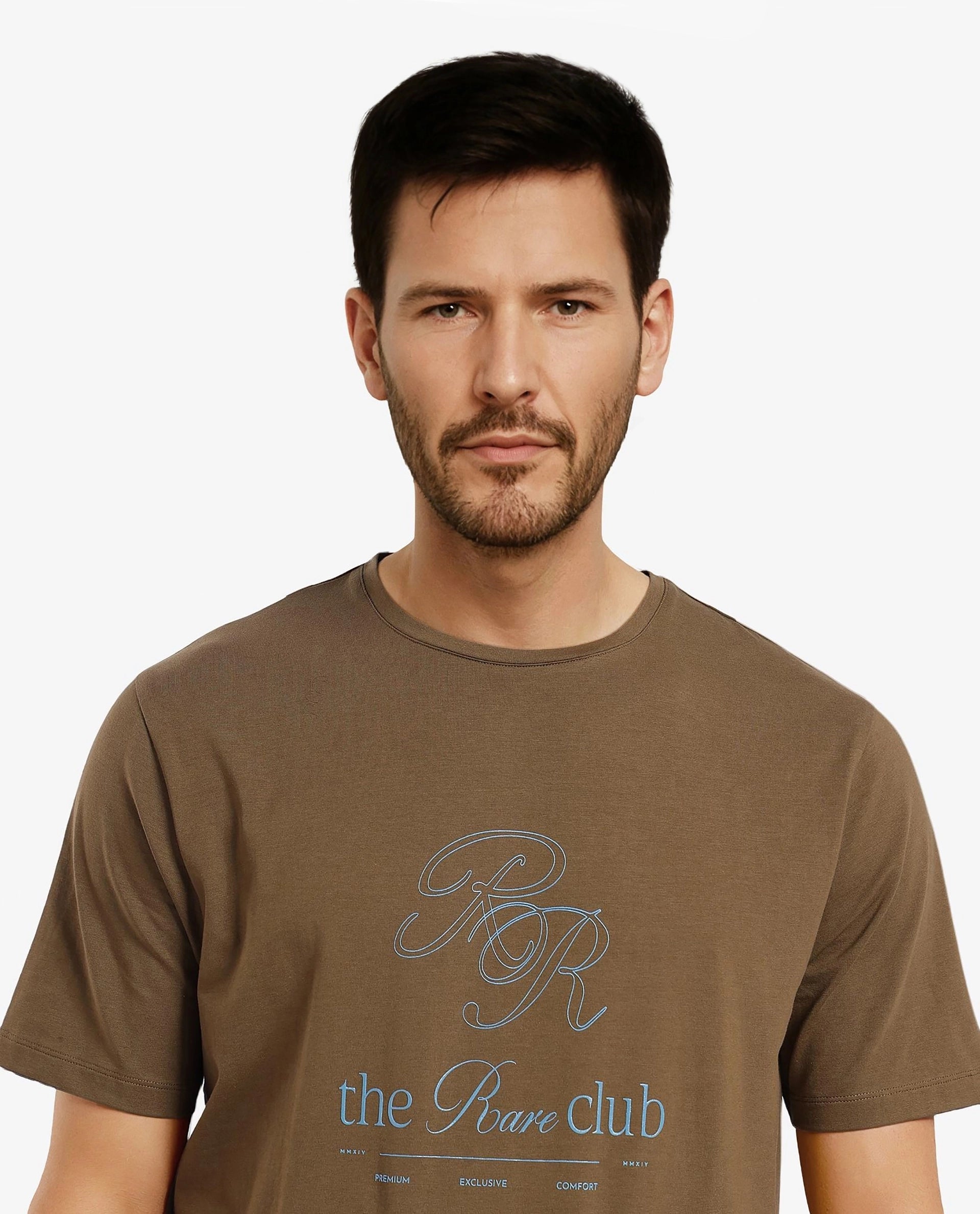 Rare Rabbit Men Vin Dark Green Cotton Lycra Fabric Short Sleeve Crew Neck Regular Fit HD Print T-Shirt