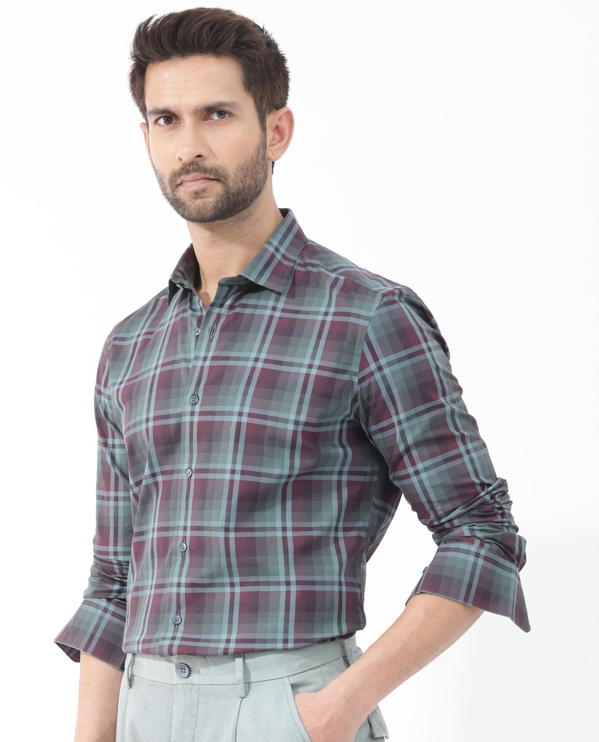 Rare Rabbit Men's Vinet Dark Maroon Regular Collar Full Sleeves Button Closure Check Shirt