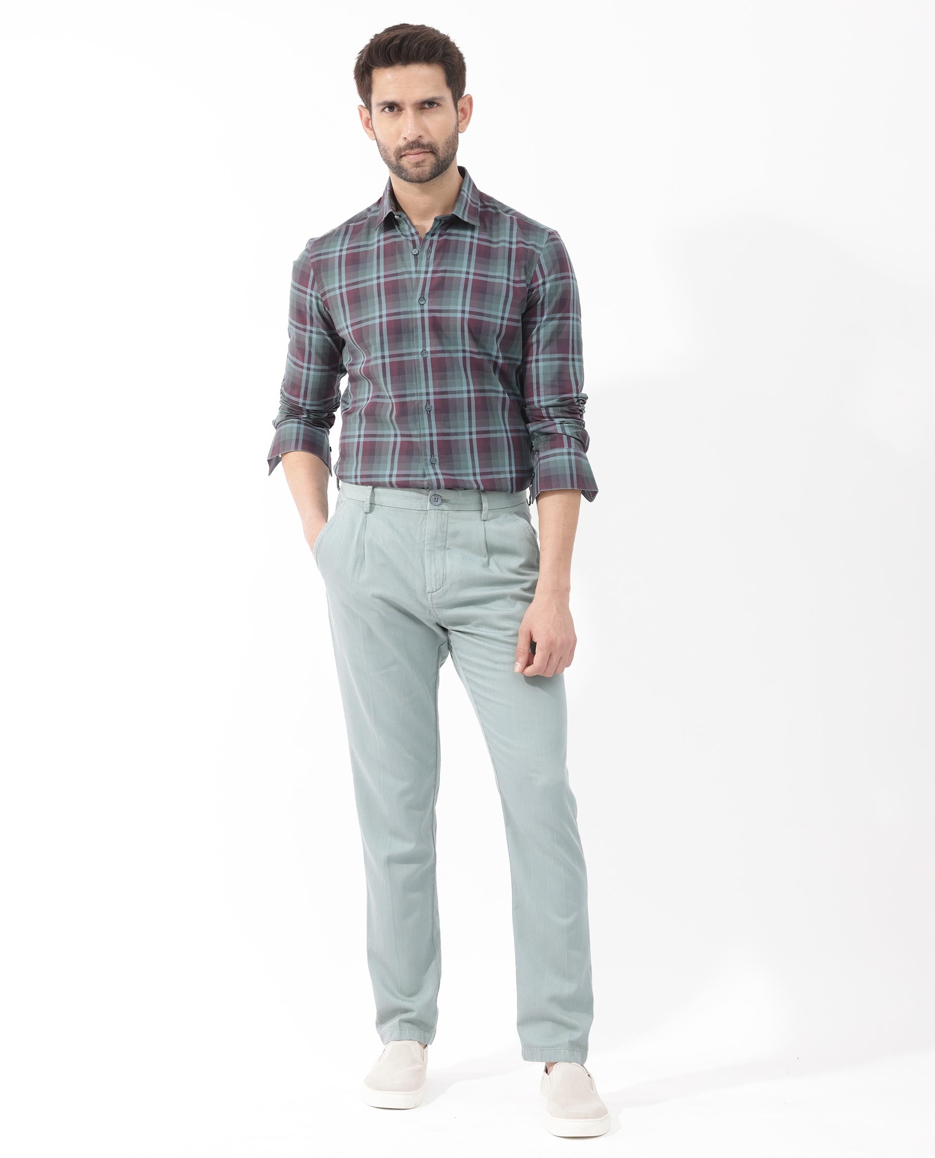 Rare Rabbit Men's Vinet Dark Maroon Regular Collar Full Sleeves Button Closure Check Shirt