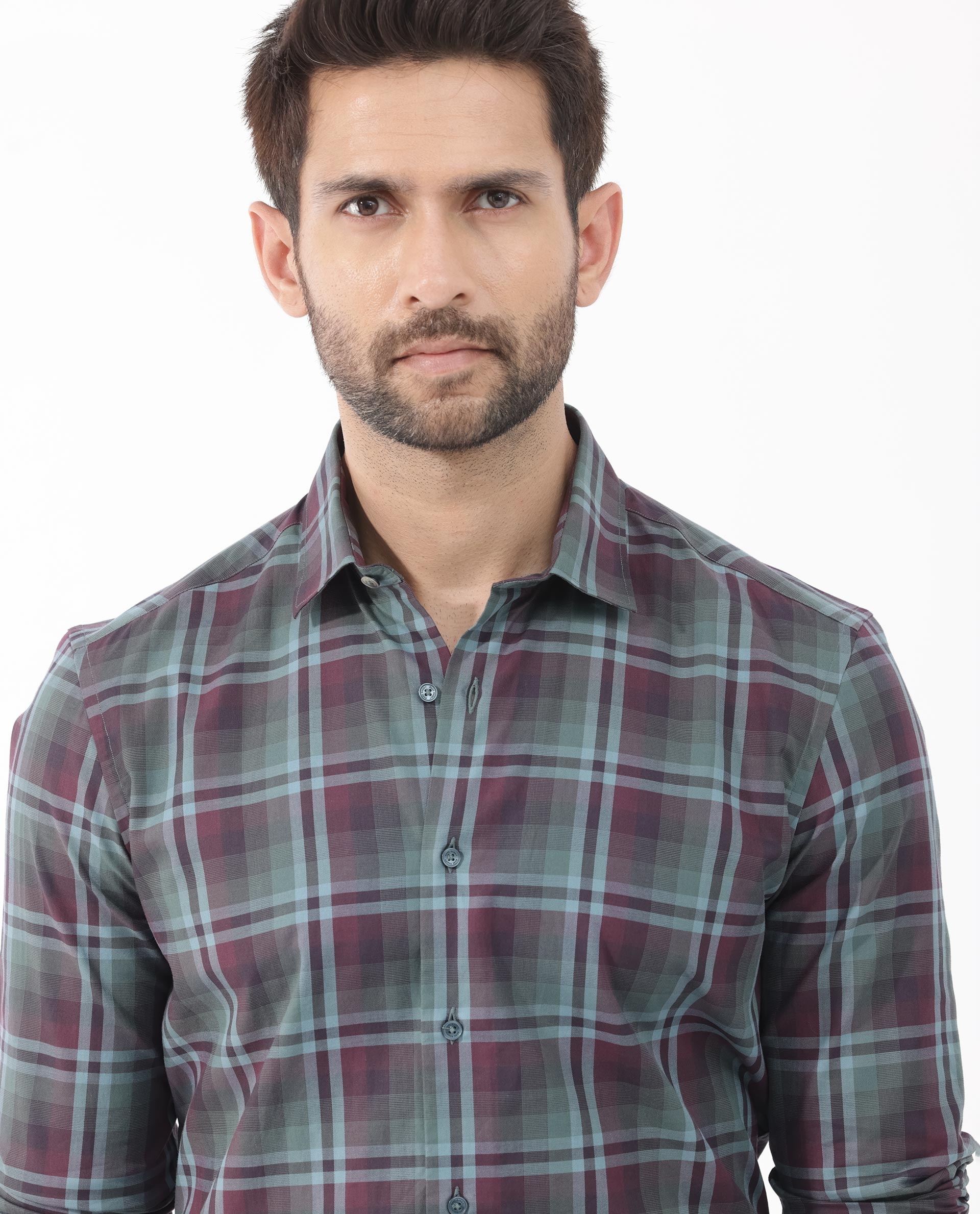 Rare Rabbit Men's Vinet Dark Maroon Regular Collar Full Sleeves Button Closure Check Shirt