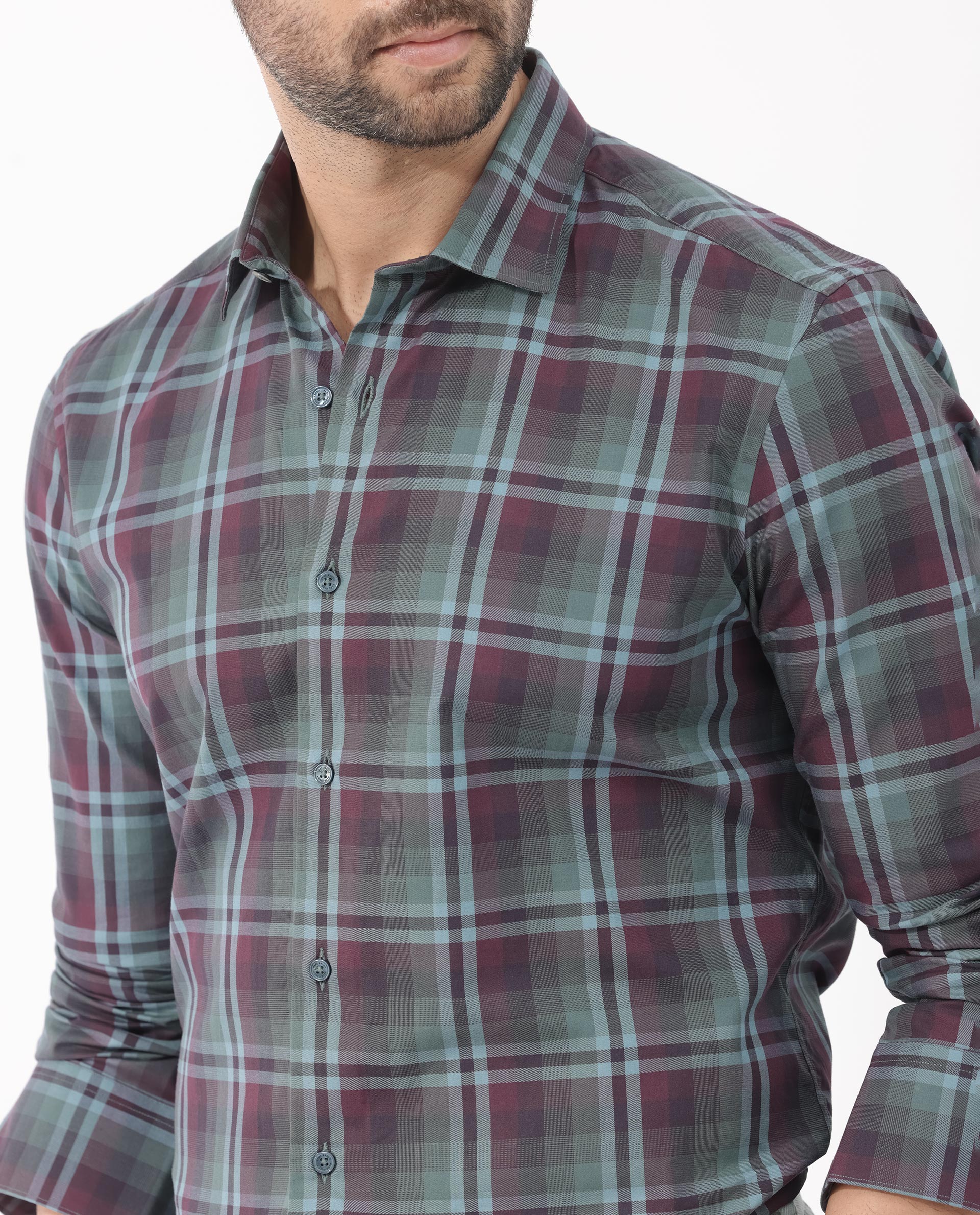 Rare Rabbit Men's Vinet Dark Maroon Regular Collar Full Sleeves Button Closure Check Shirt