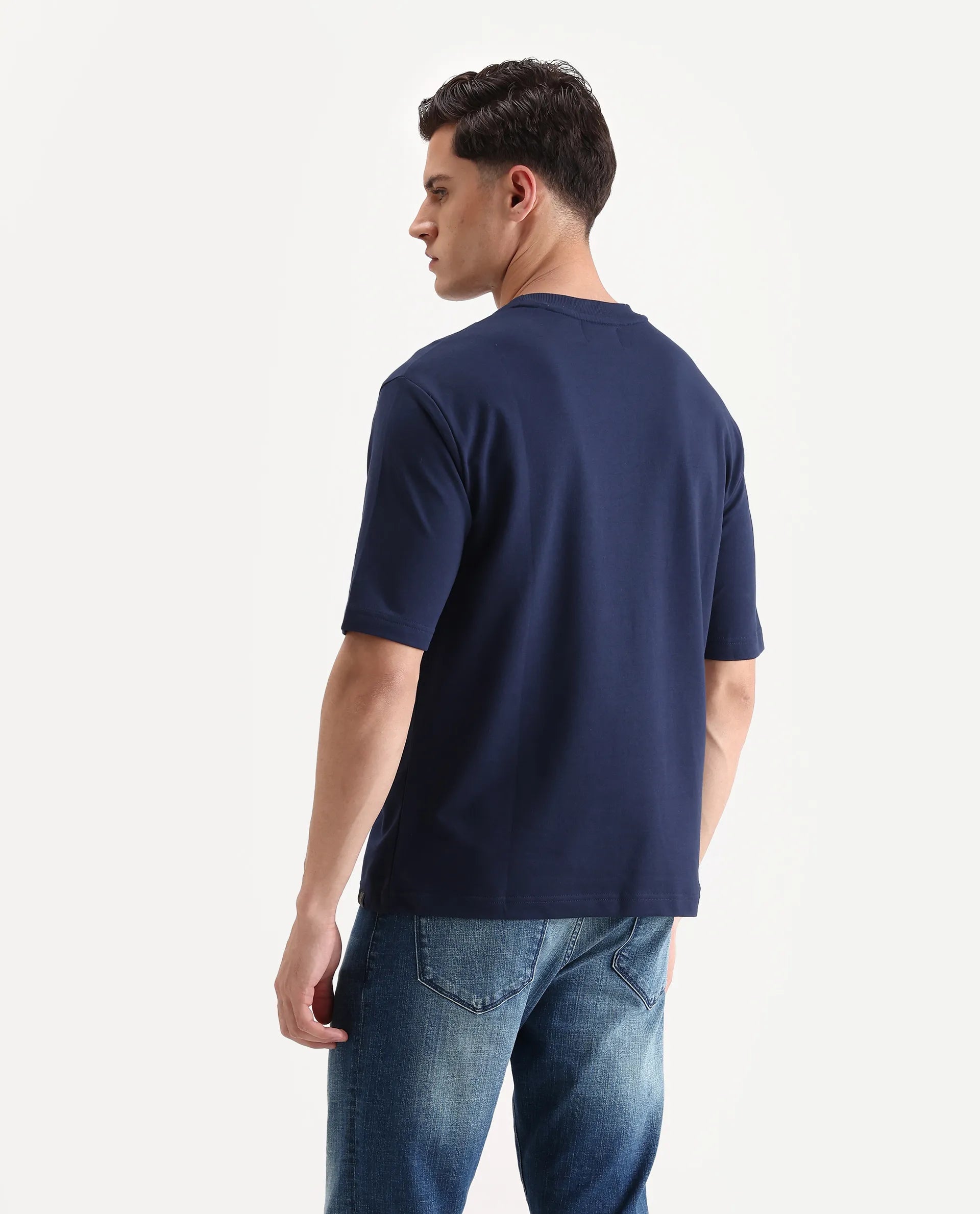 Rare Rabbit Men's Vino Dark Blue Cotton Graphic Print Oversized Fit Half Sleeve Crew Neck T-Shirt