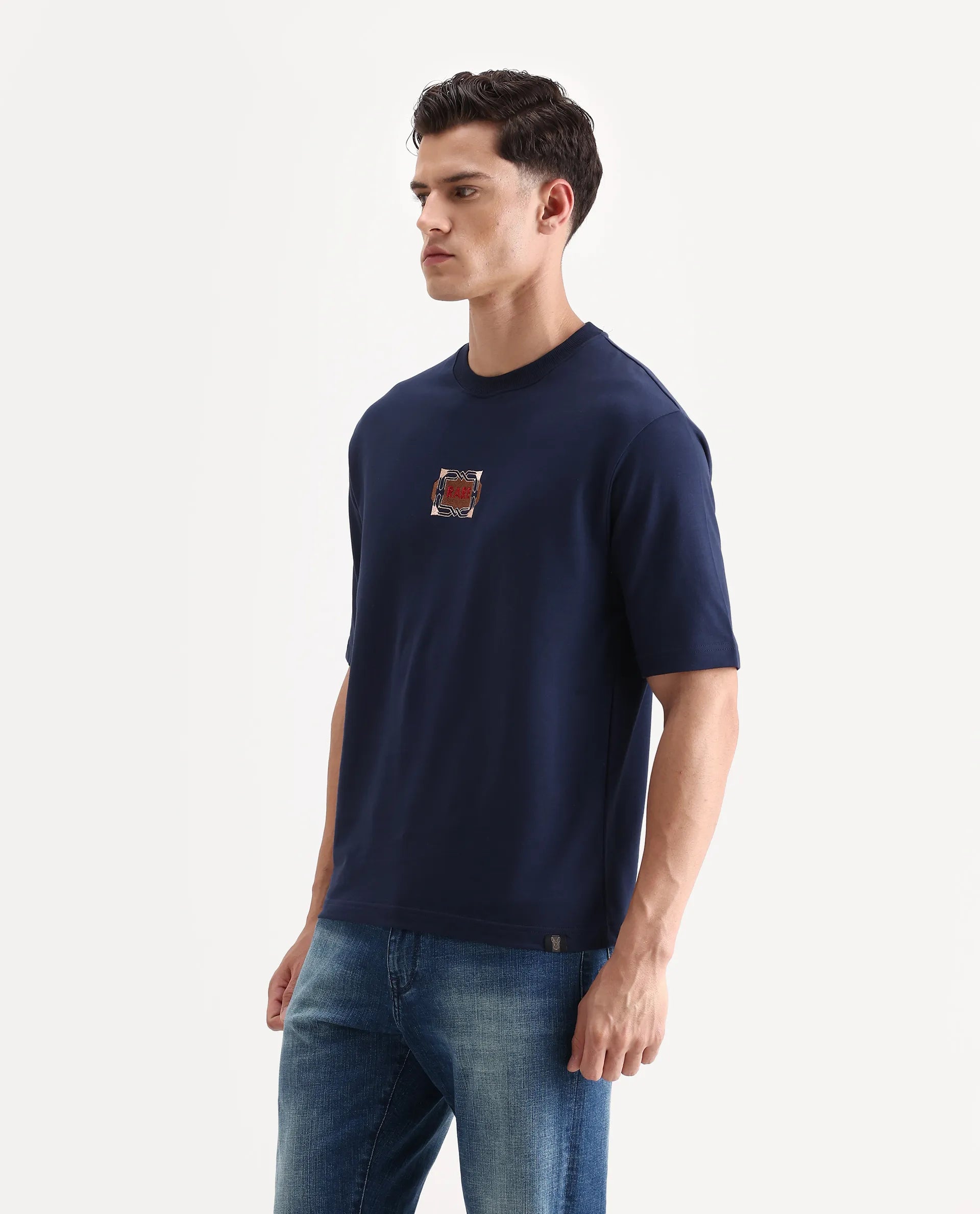Rare Rabbit Men's Vino Dark Blue Cotton Graphic Print Oversized Fit Half Sleeve Crew Neck T-Shirt
