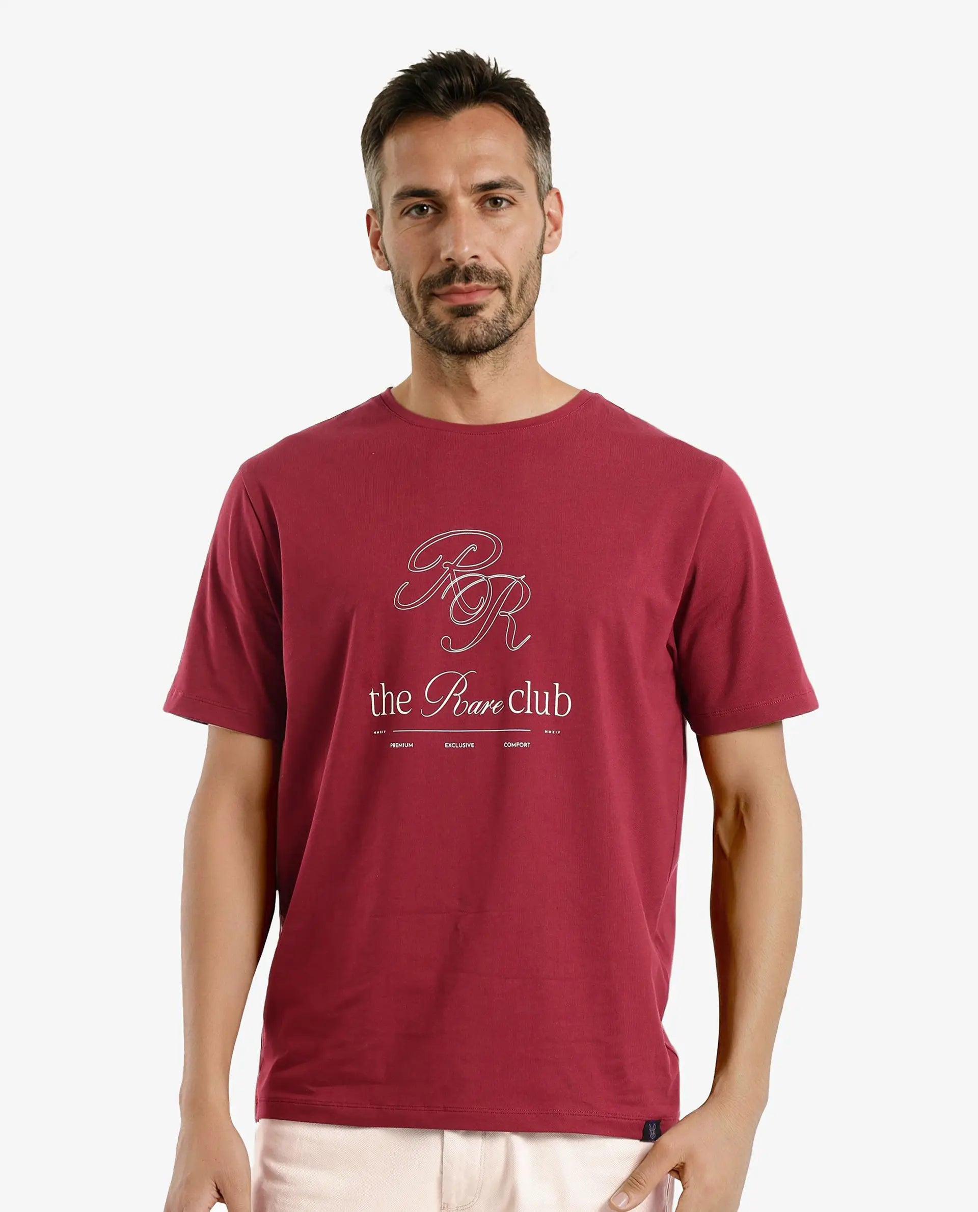 Rare Rabbit Men Vin Red Cotton Lycra Fabric Short Sleeve Crew Neck Regular Fit HD Print T-Shirt