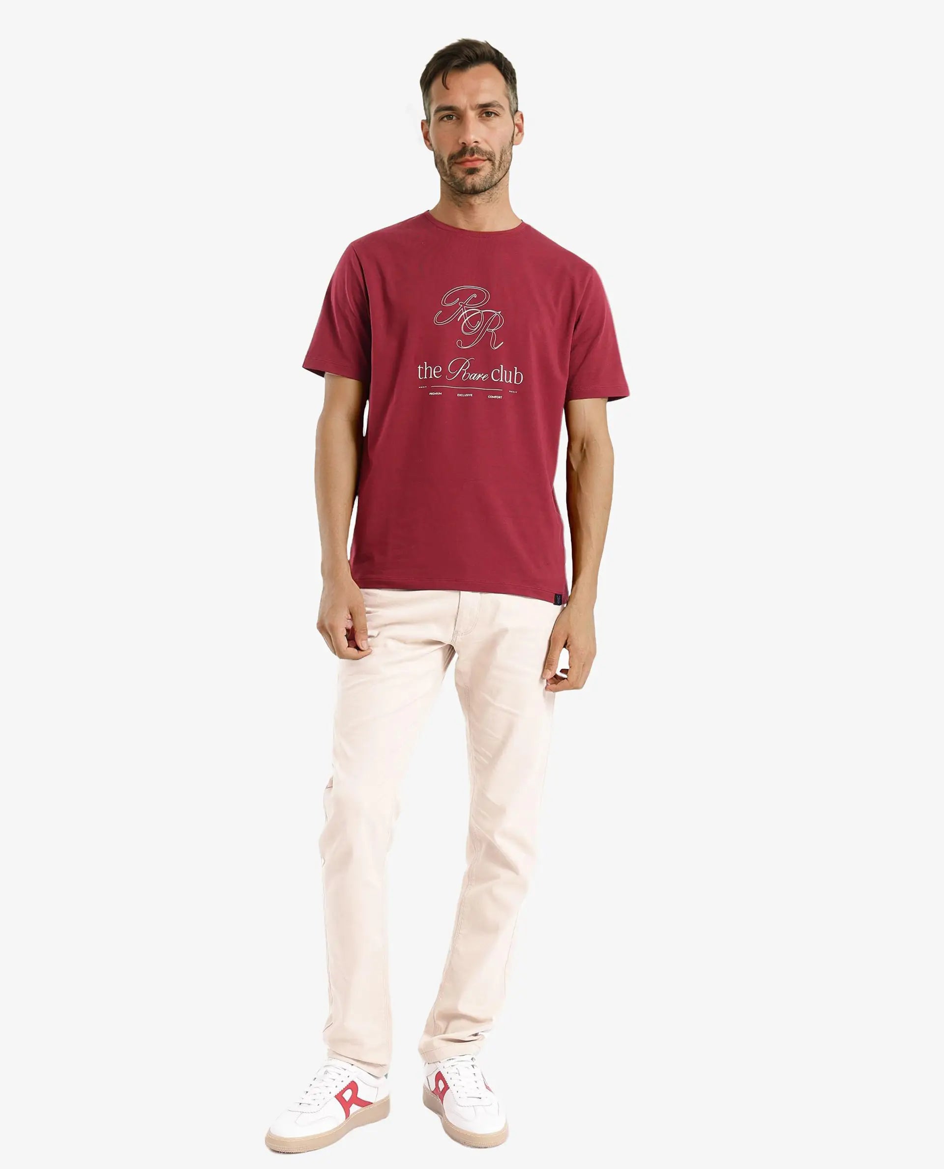 Rare Rabbit Men Vin Red Cotton Lycra Fabric Short Sleeve Crew Neck Regular Fit HD Print T-Shirt