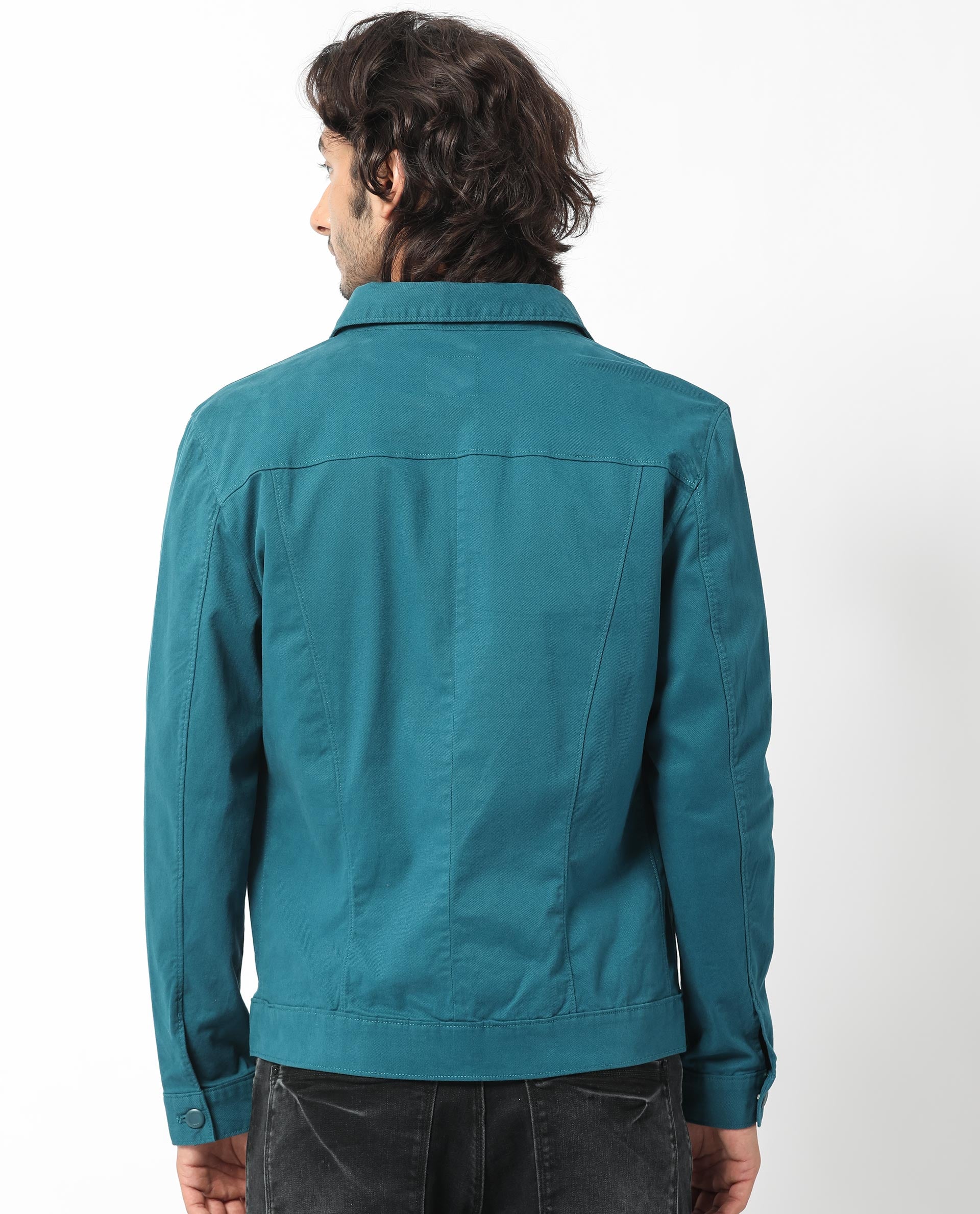 Rare Rabbit Men's Vintage Dark Teal Plain Denim Trucker Jacket