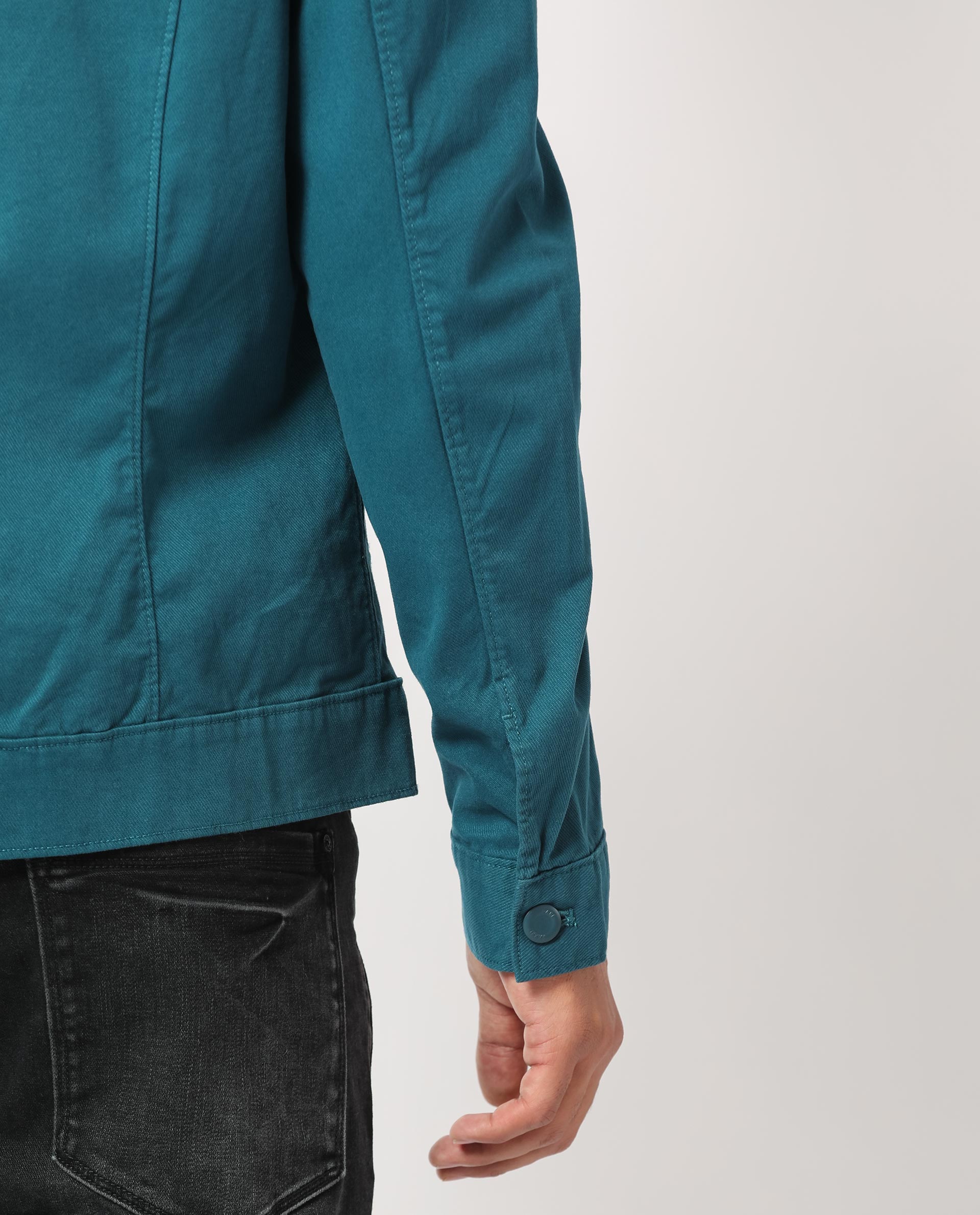 Rare Rabbit Men's Vintage Dark Teal Plain Denim Trucker Jacket